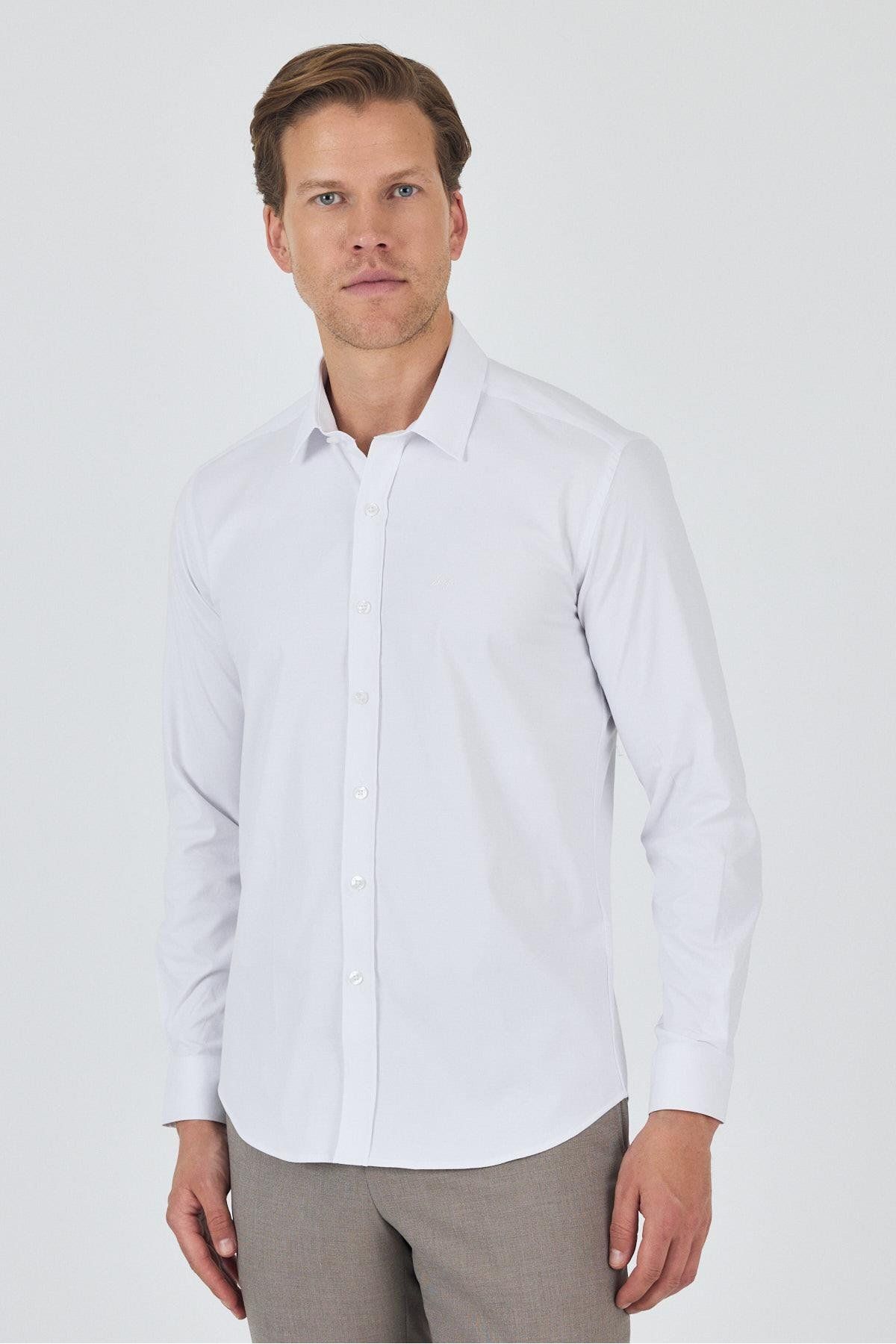 İmza Uzun Kol Düz Bez Ayağı Sert Yaka Cepsiz Pamuklu Classic Slim Fit Gömlek 1004250195