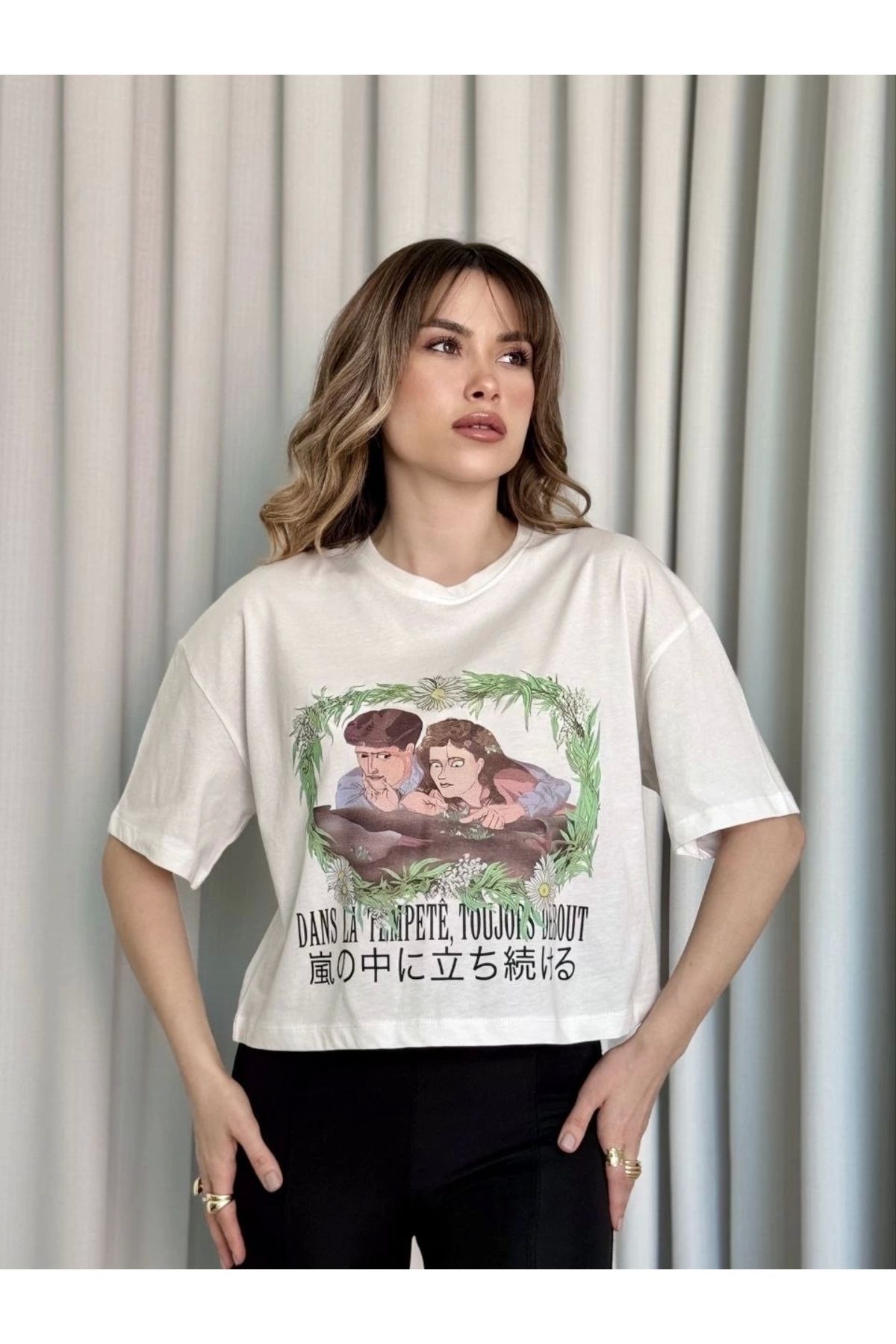 KAZAX Oversize Beyaz baskılı crop tişört