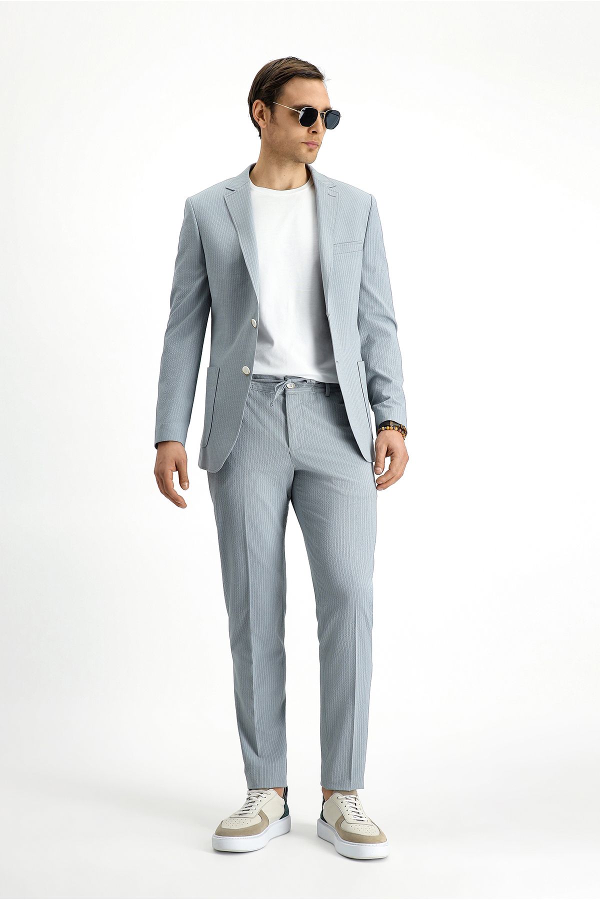 Kiğılı Super Slim Fit Ekstra Dar Kesim Çizgili Beli Lastikli İpli Gofre Takım Elbise