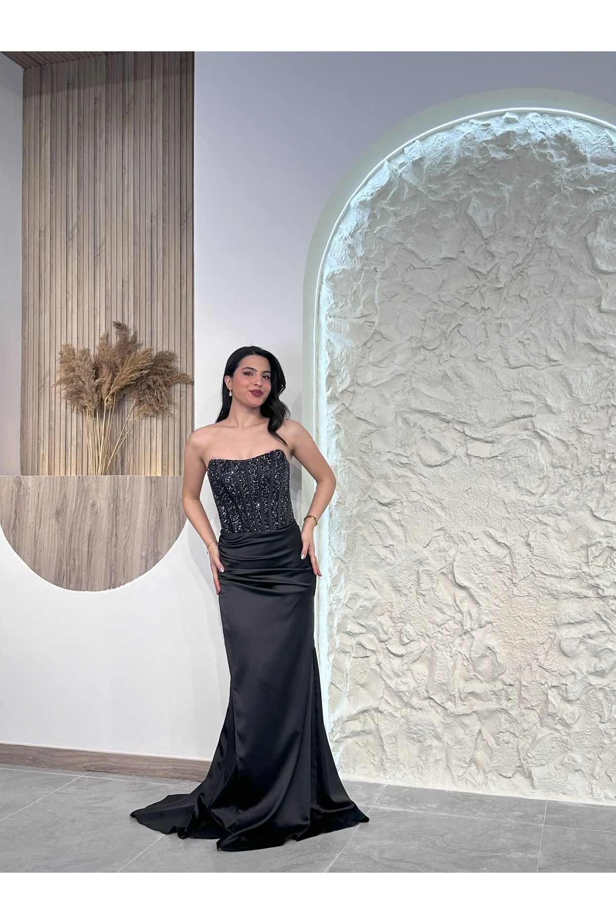 Kyra Studios Siyah 1006 Pul Detaylı Abiye Elbise