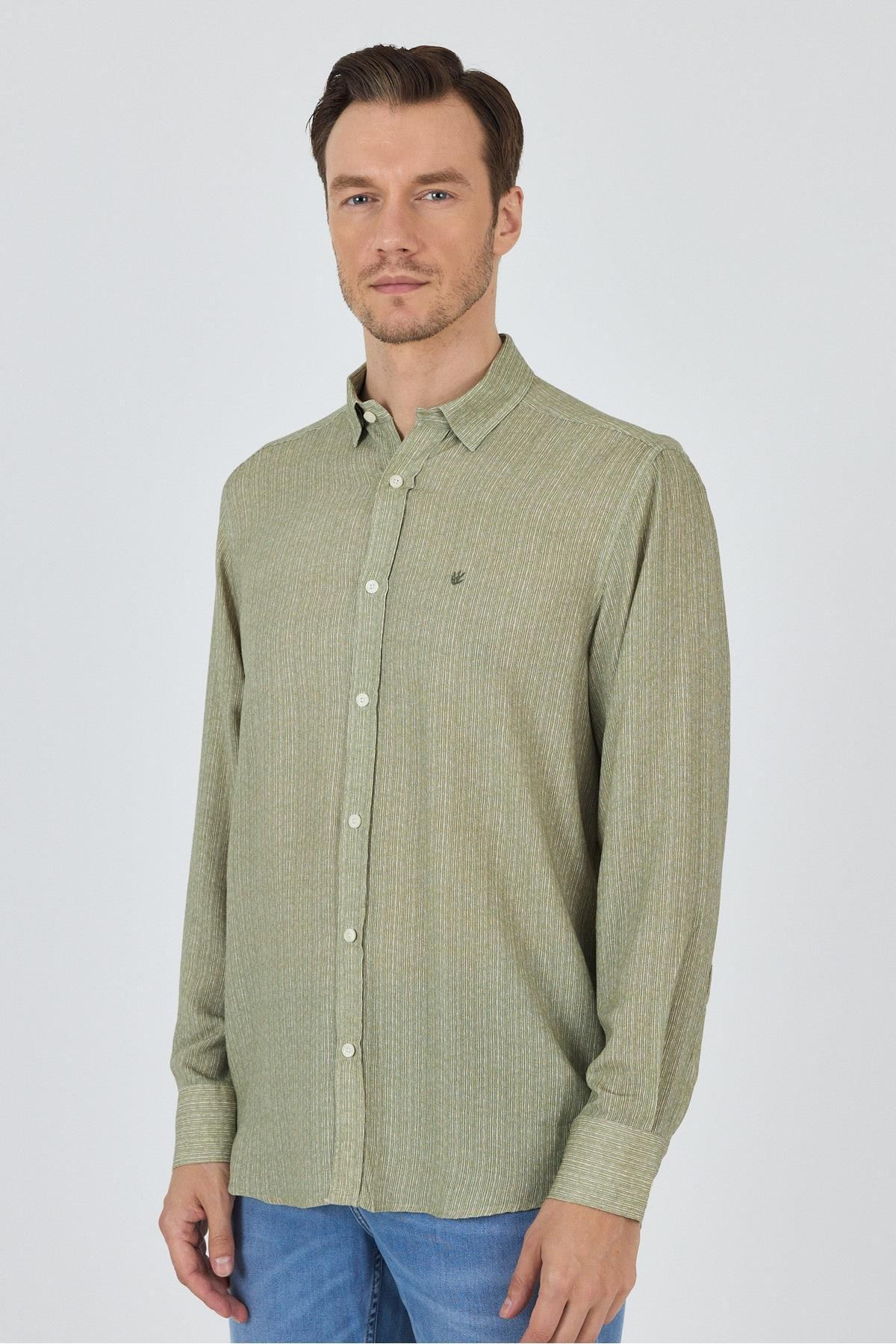 İmza Koyu Haki Uzun Kol Baskılı Cepsiz Keten Casual Slim Fit Gömlek 1004250112