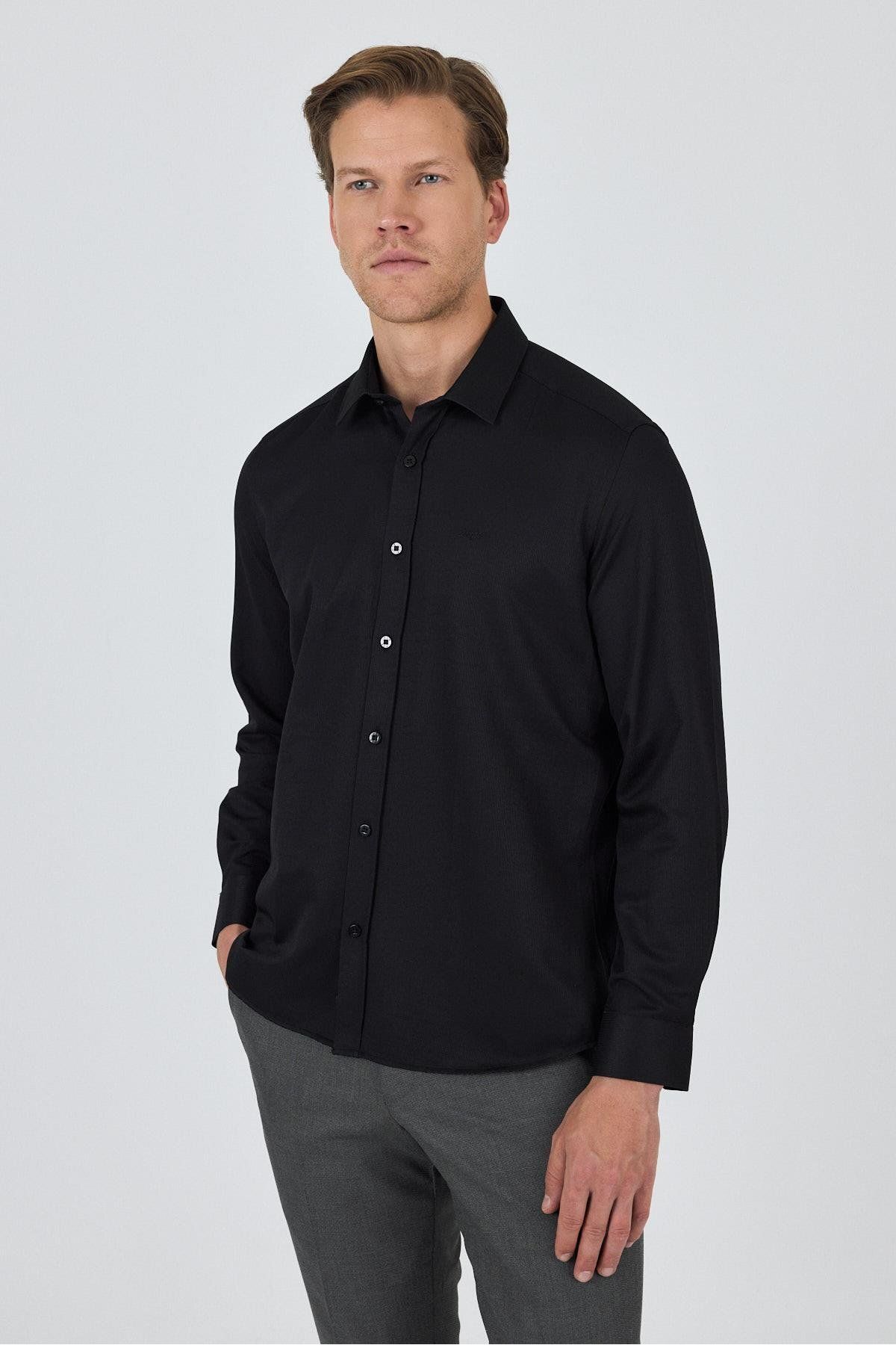 İmza Uzun Kol Desenli Armürlü Sert Yaka Cepsiz Pamuklu Classic Slim Fit Gömlek 1004250194