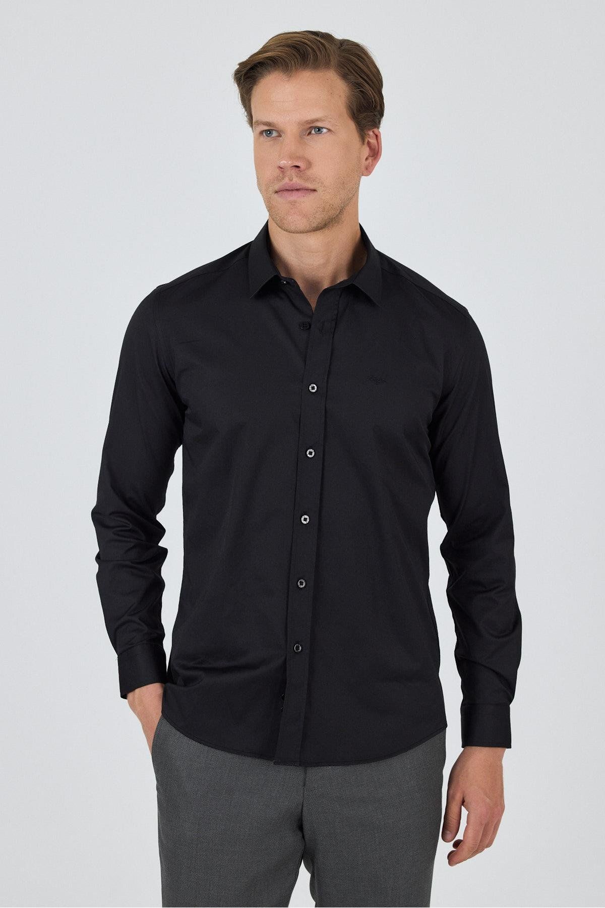 İmza Uzun Kol Düz Bez Ayağı Sert Yaka Cepsiz Pamuklu Classic Slim Fit Gömlek 1004250195
