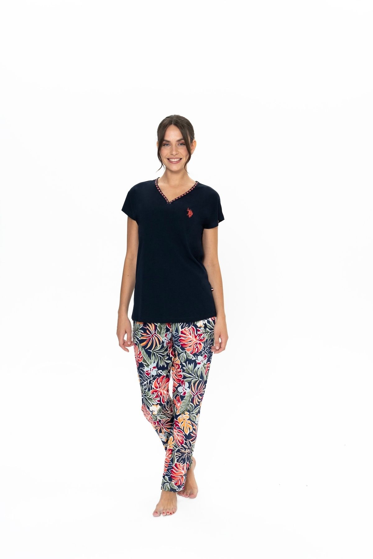 U.S. Polo Assn. U.S. Polo Assn. Kadın Lacivert Renkli V Yaka Pijama Takımı - TLAYE20M02O6Q