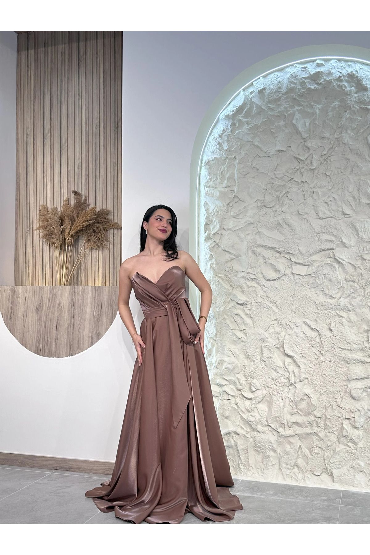 Kyra Studios Kahverengi 2303 Saten Abiye Elbise