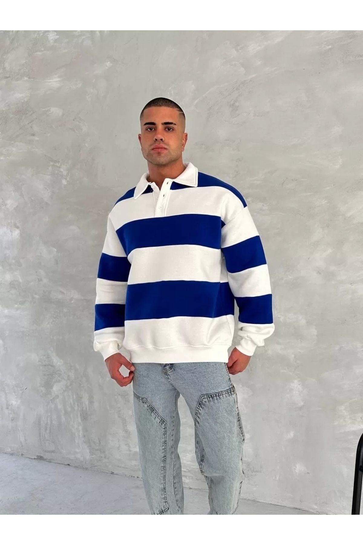 luz&pos Unisex Üç İplik Parçalı Yakalı SweatShirt - Mavi