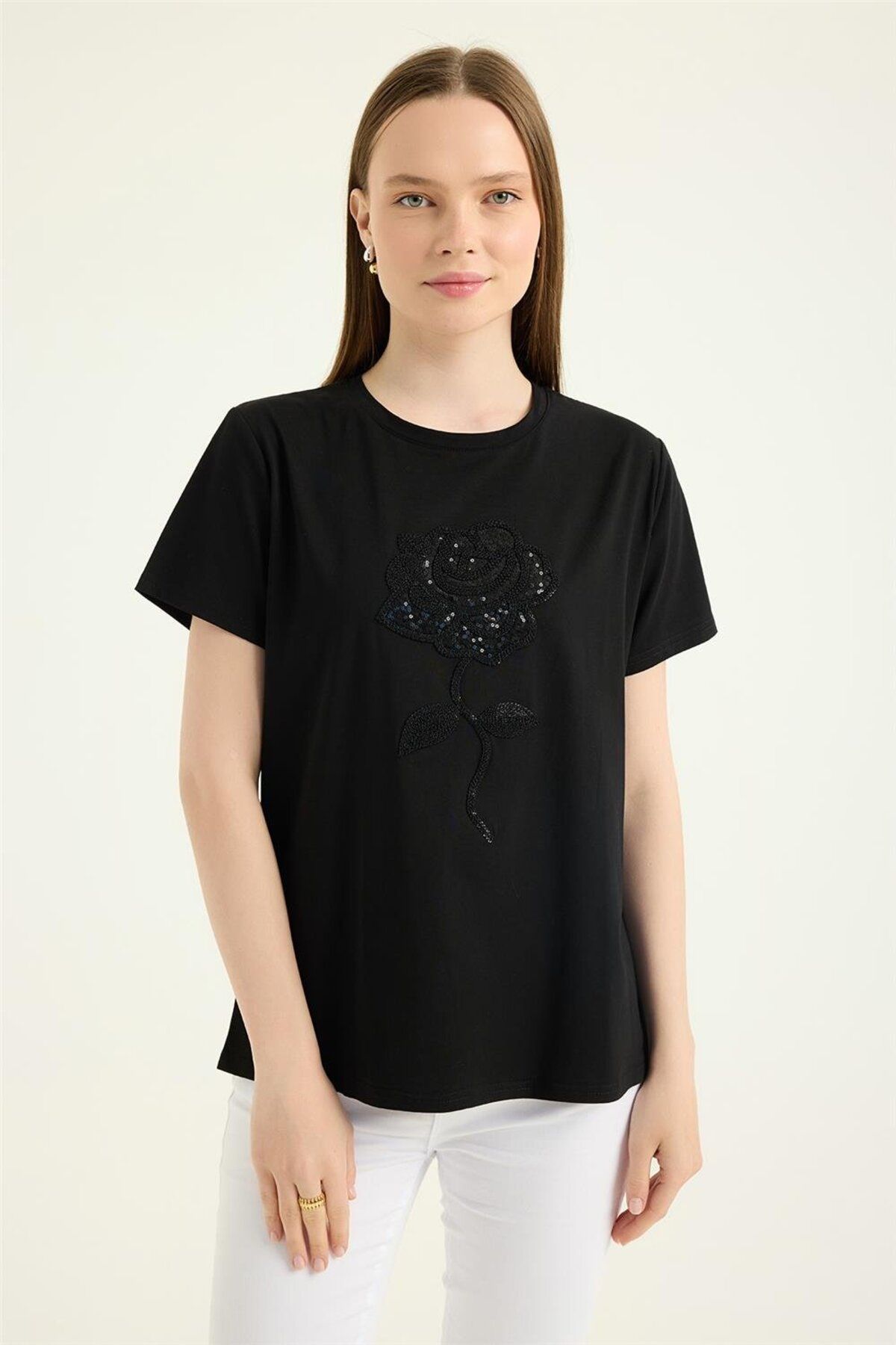 HomeStore Payetli Örme Gül Motifli Tshirt