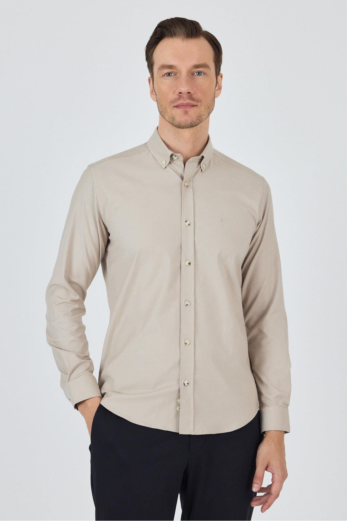 İmza Uzun Kol Düz Bez Ayağı Düğmeli Yaka Cepsiz Pamuklu Casual Slim Fit Gömlek 1004250212