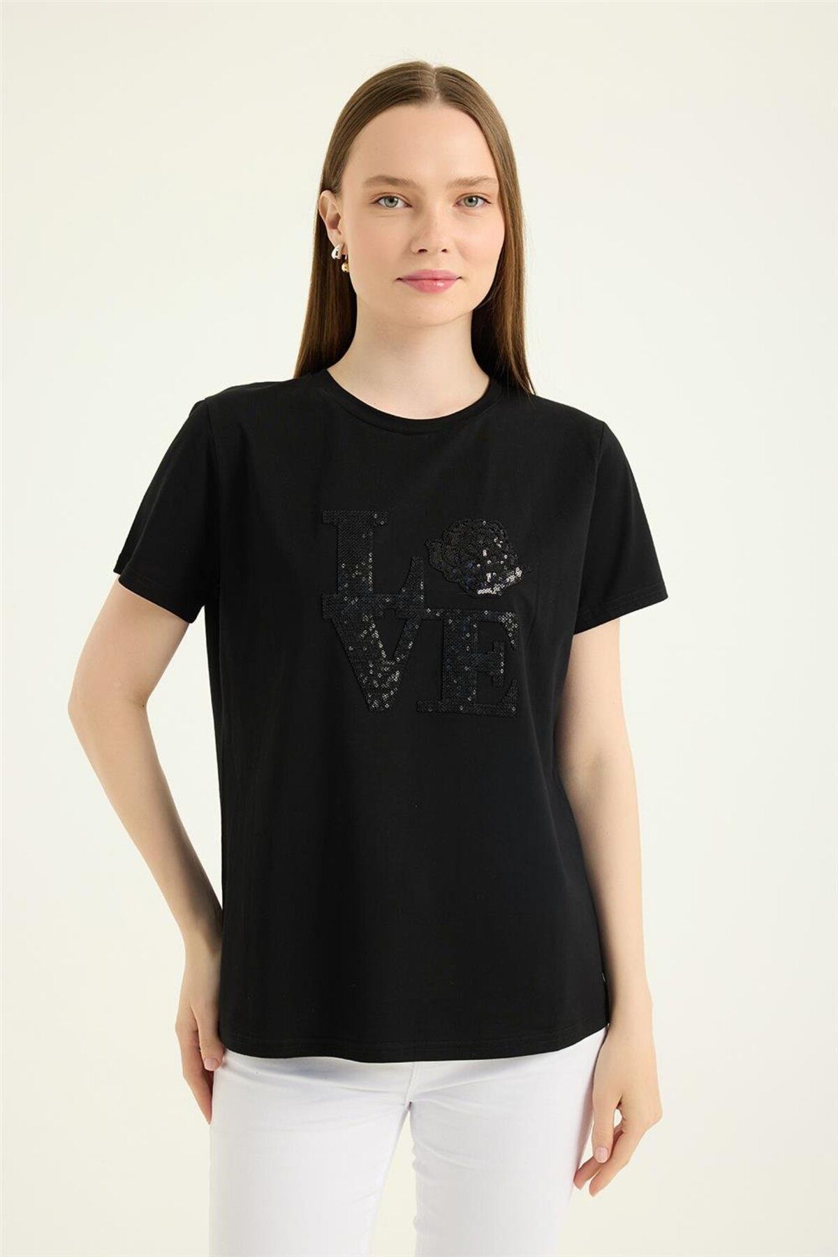 HomeStore Payetli Gül Motifli Tshirt