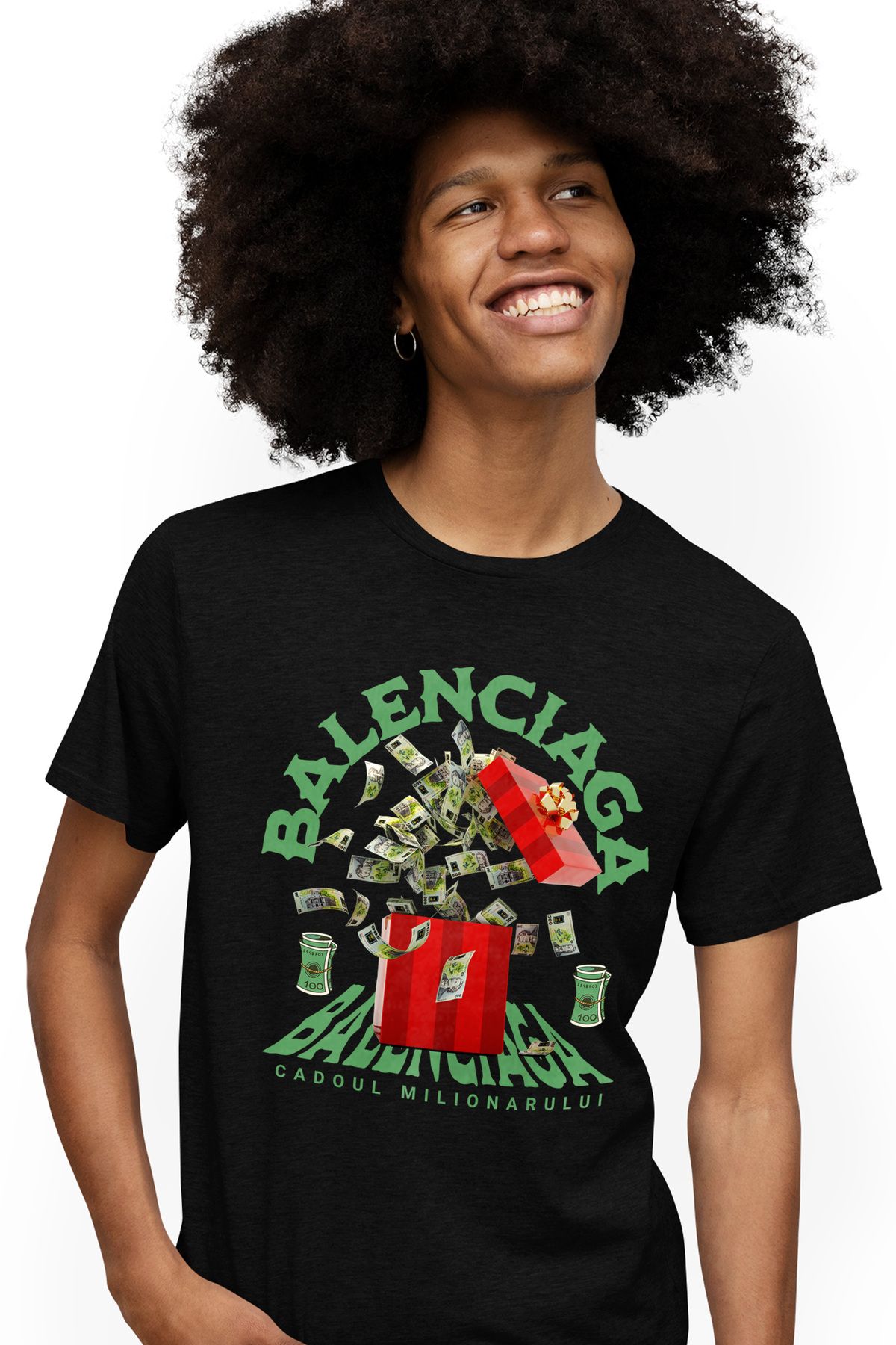 StoryGift Romania Tricou Barbati Balenciaga - Cadoul Milionarului Cu Imprimeu Pe Fata, 100% Bumbac, Negru, Stg Masculin - S