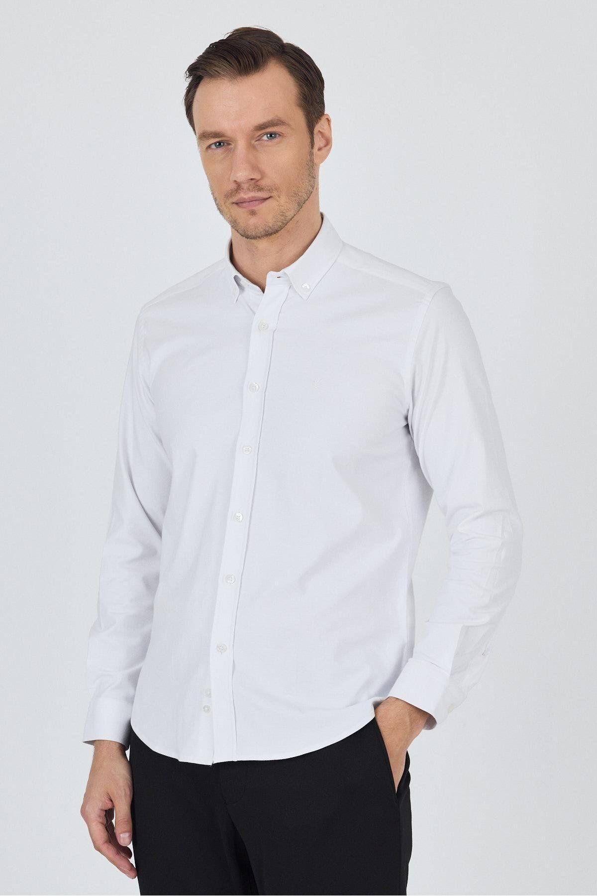 İmza Uzun Kol Düz Bez Ayağı Düğmeli Yaka Cepsiz Pamuklu Casual Slim Fit Gömlek 1004250212