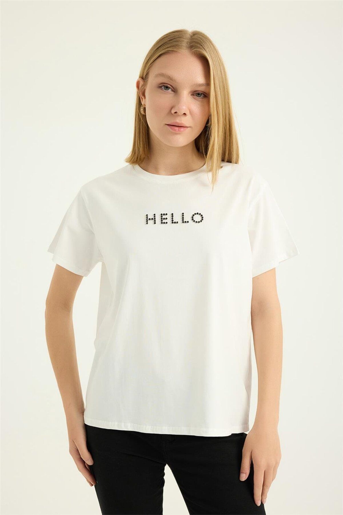 HomeStore Hello Taşlı Tshirt