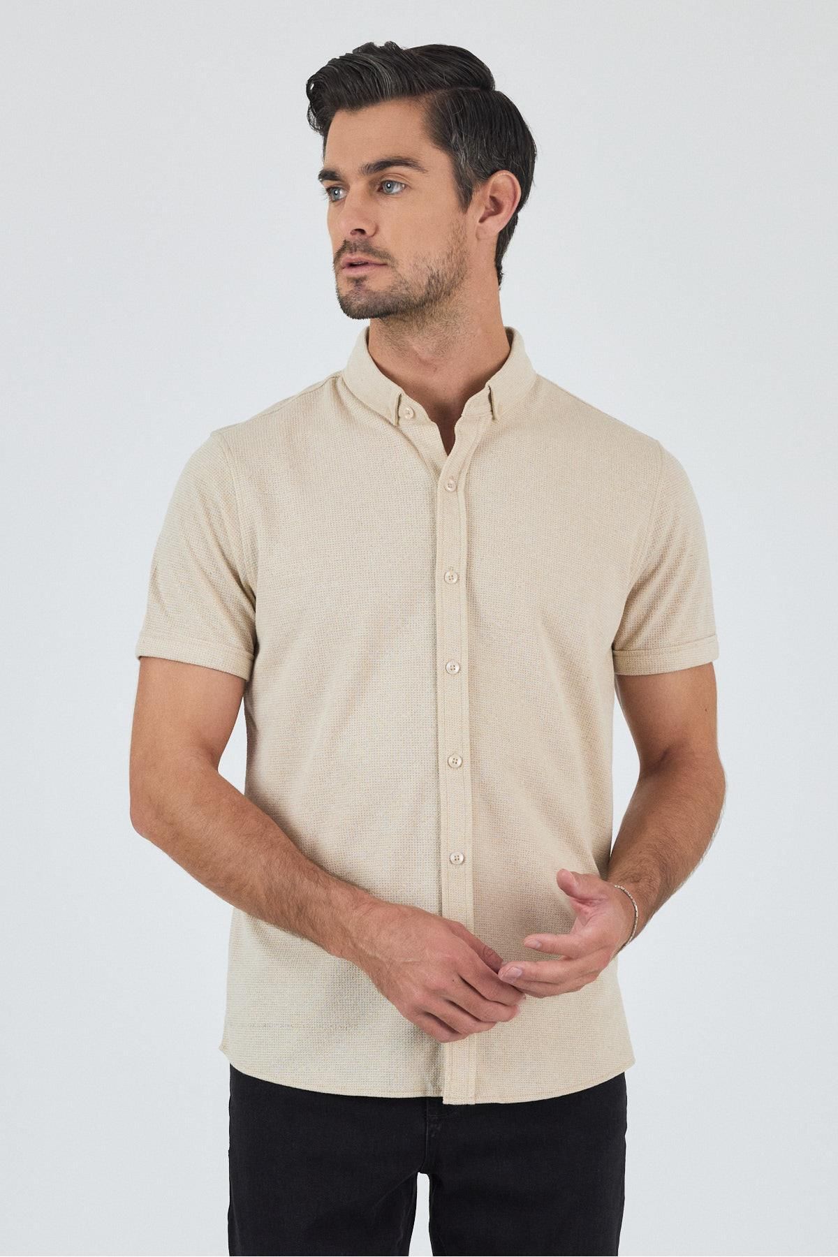 İmza Bej Kısa Kol Düz Örme Düğmeli Yaka Cepsiz Pamuklu Classic Slim Fit Gömlek 1004250155_591