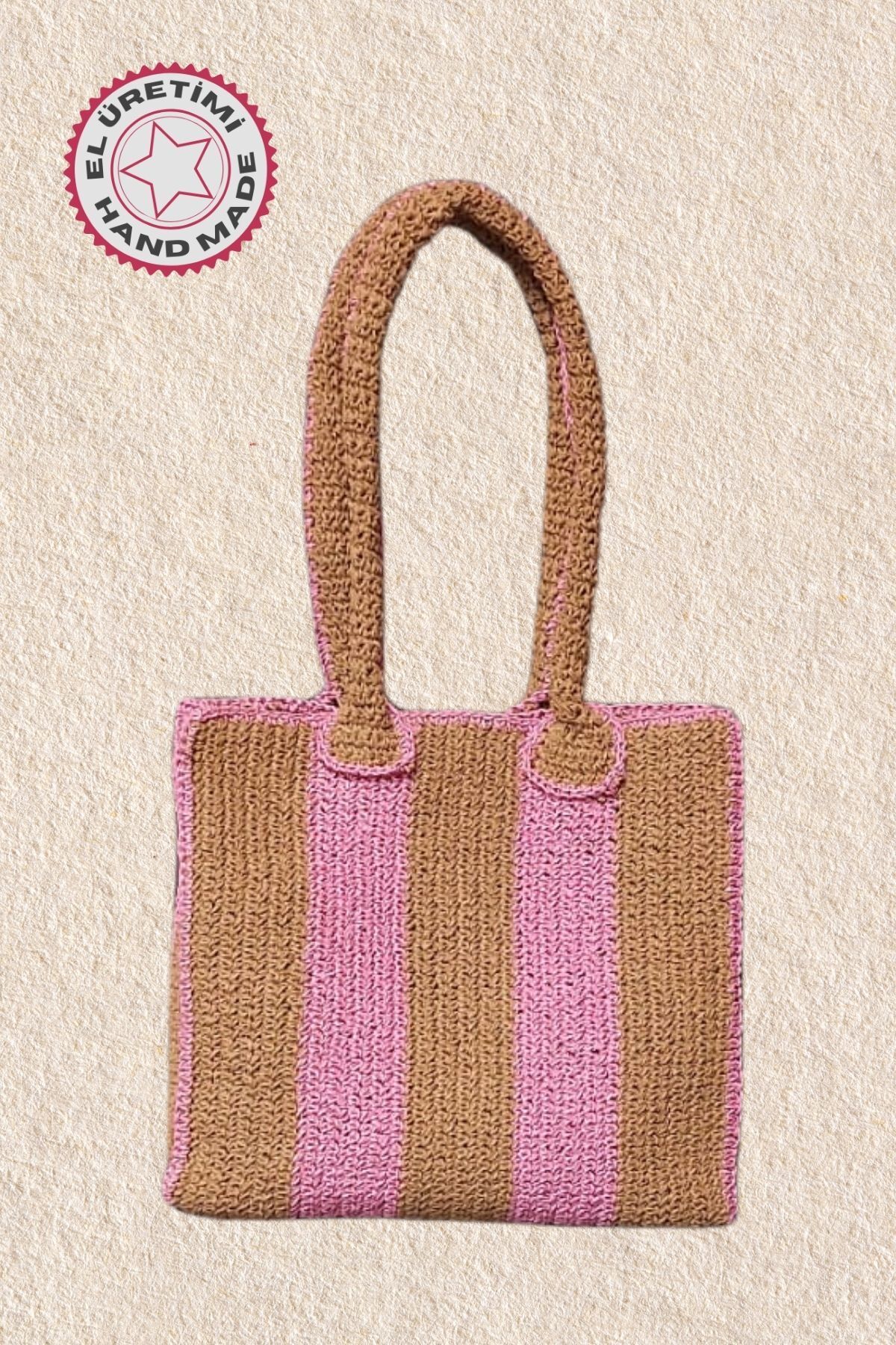 Uretti - Hüsniye 8494 5087 El Örgüsü Pembe Şerit Model Kağıt İp Kadın Omuz Çantası
