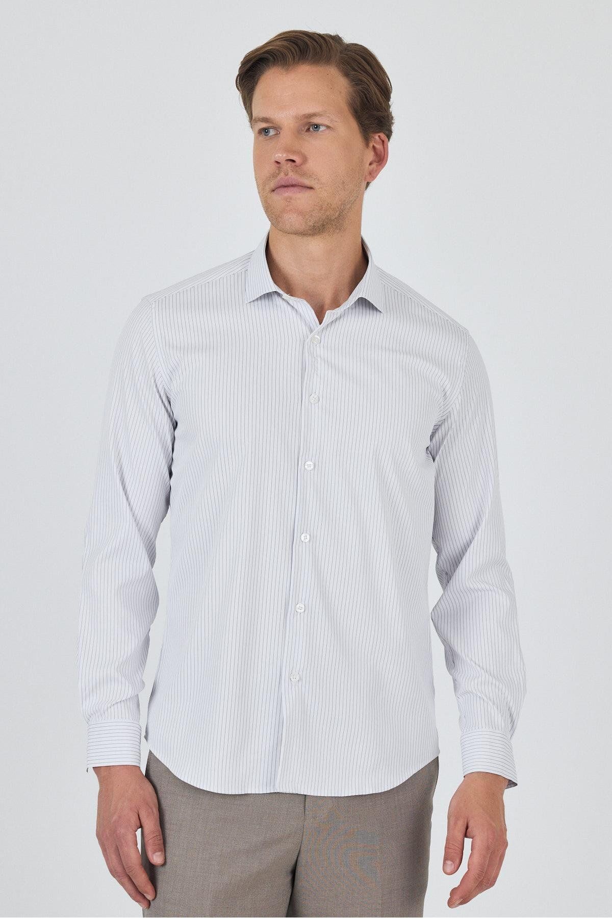 İmza Uzun Kol Çizgili Desen Bez Ayağı İtalyan Yaka Cepsiz Esnek Classic Slim Fit Gömlek 1004250202