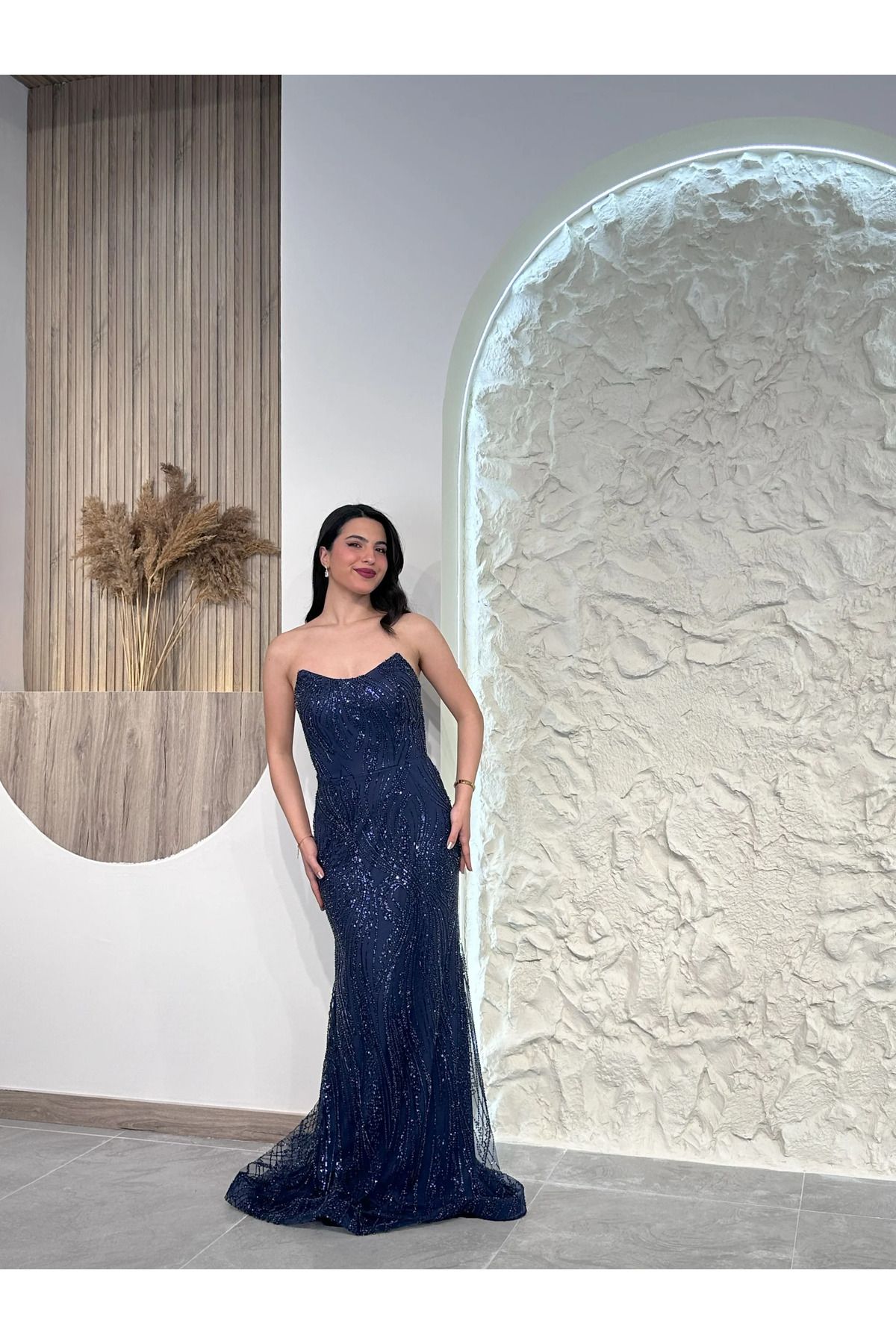 Kyra Studios Lacivert 1056 Pul Detaylı Abiye Elbise