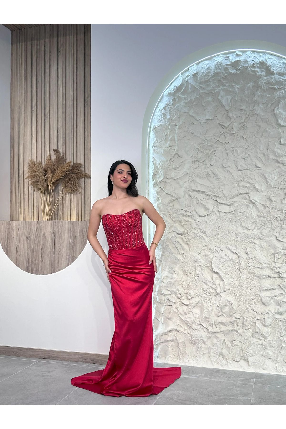 Kyra Studios Kırmızı 1006 Pul Detaylı Abiye Elbise