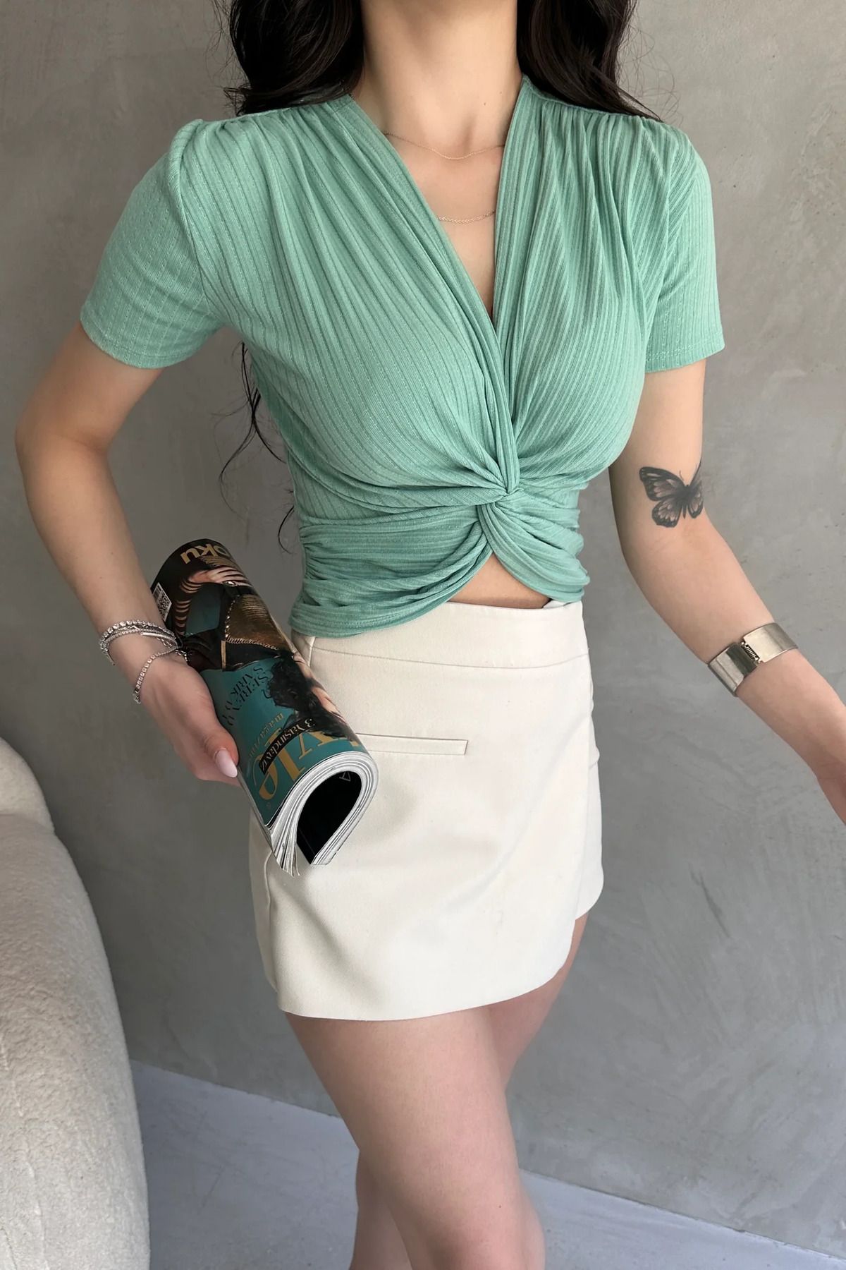 Lumina Whisper Kruvaze Yaka Crop Bluz