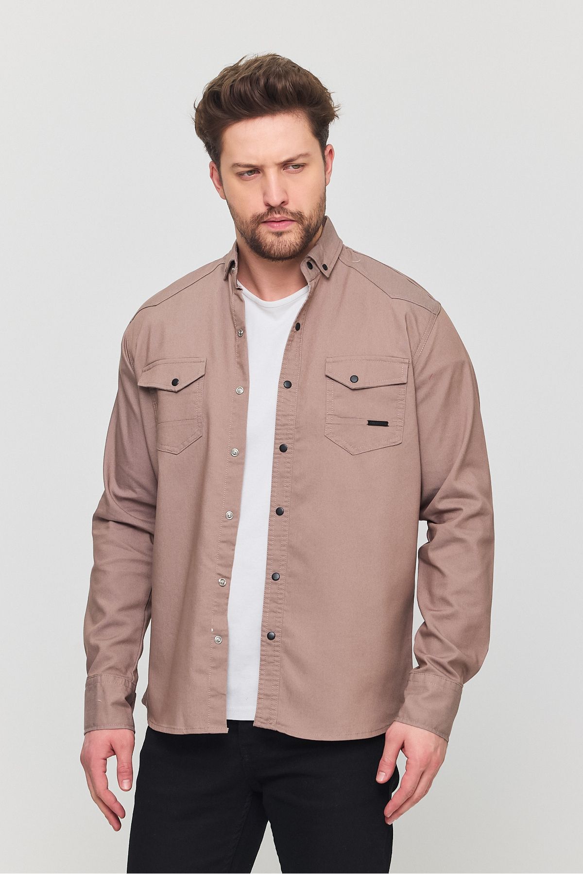 Ofzensport YXC - Slim Fit Erkek Kot Gömlek Vizon