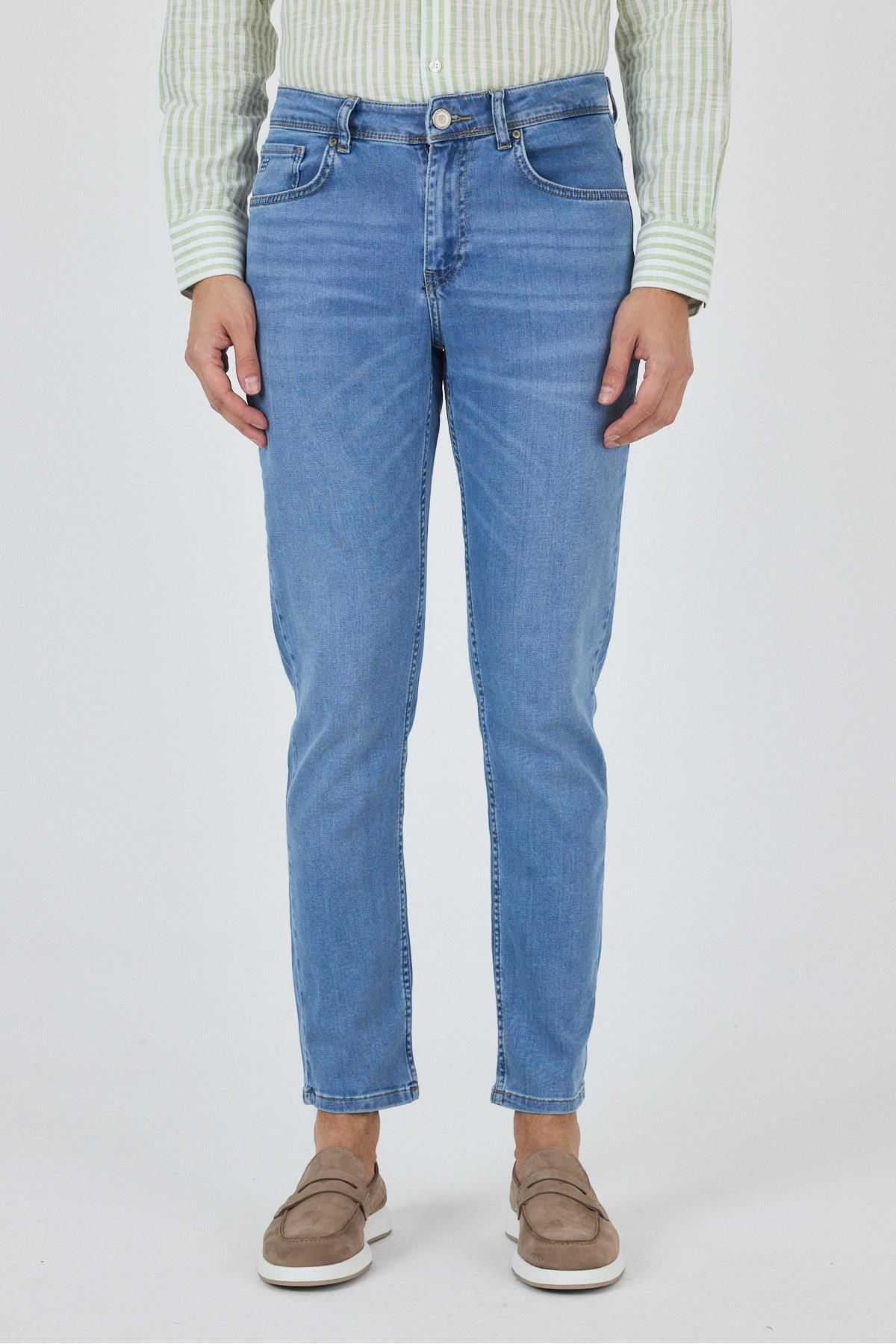 İmza Koyu Mavi Gabardin 5 Cep Düz Paça Casual Slim Fit Pamuklu Denim Pantolon 1023250156