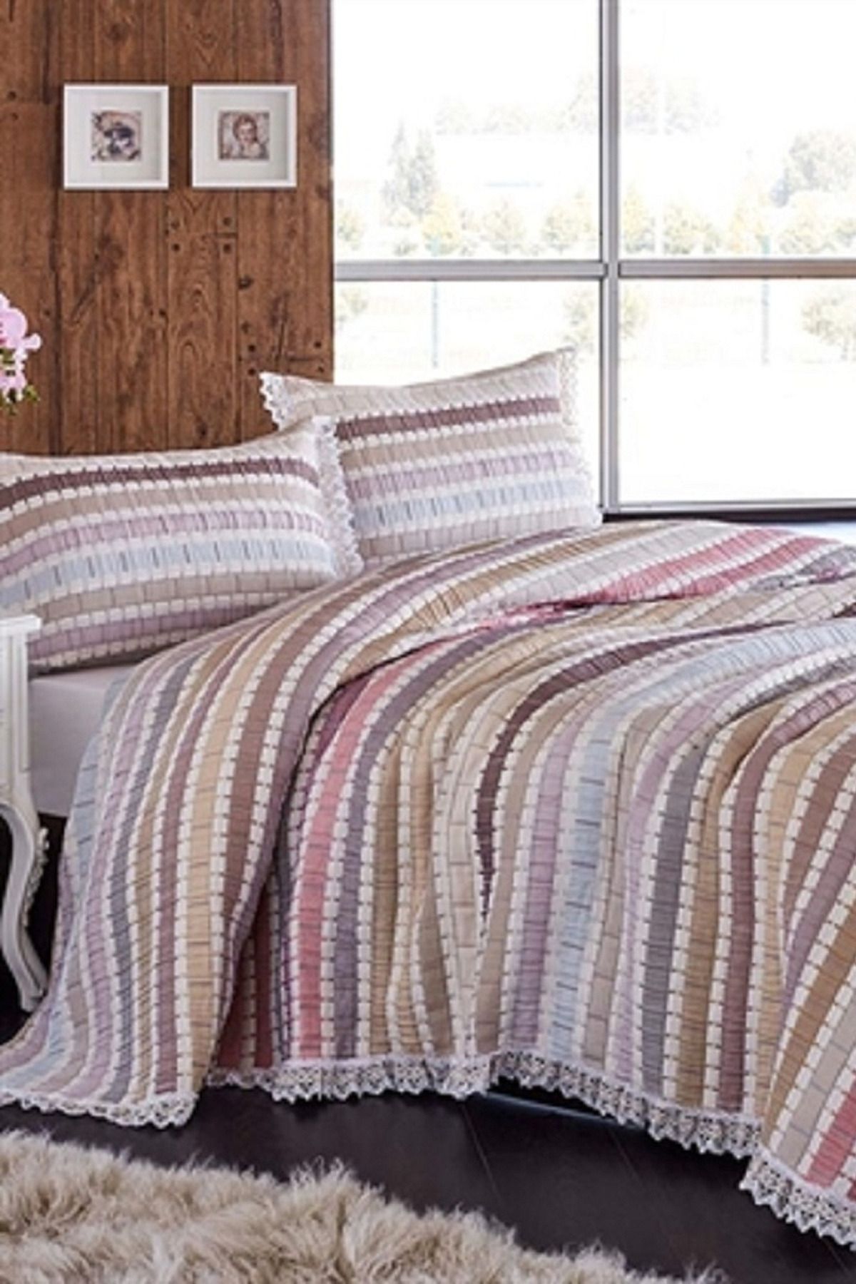 NEEA HOME Lorena Jakarlı Çift Kişilik Yatak Örtüsü 260x260cm Renkli Yatakörtüsü Dantel Detaylı – Şerit Desenli