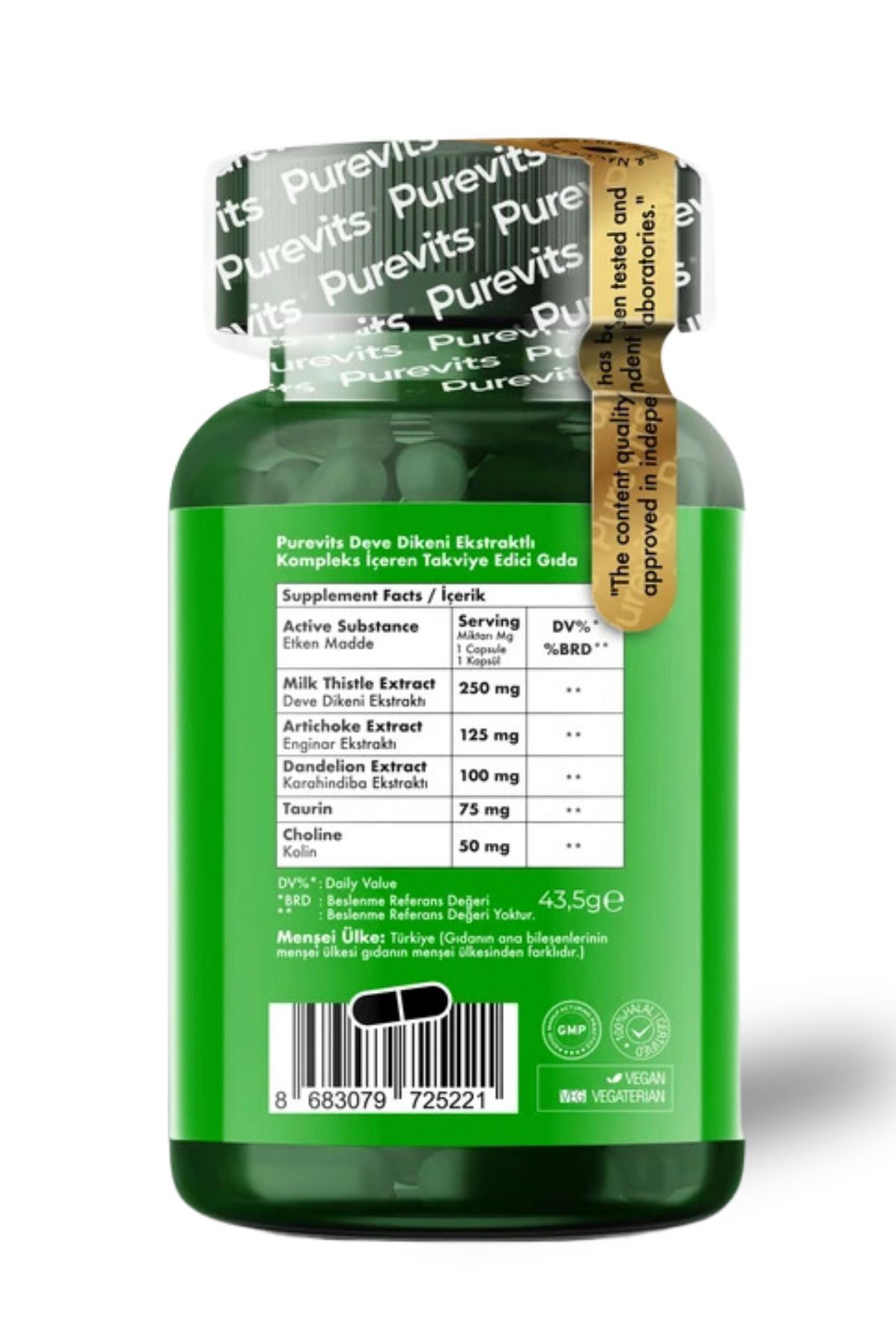 Purevits-60 Vegan Capsules - Milk Thistle Complex Camel Thistle Artichoke Extract Dandelion Taurine Colin 3