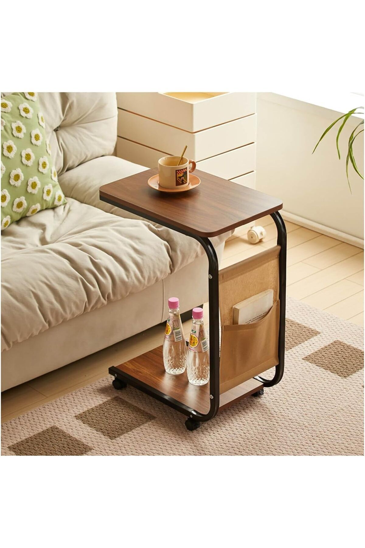 NEXIFY-COOLBABY C-Shaped End Table with Wheels, Movable Side Table with Storage Pocket, 2-Tier Narrow Sofa 3