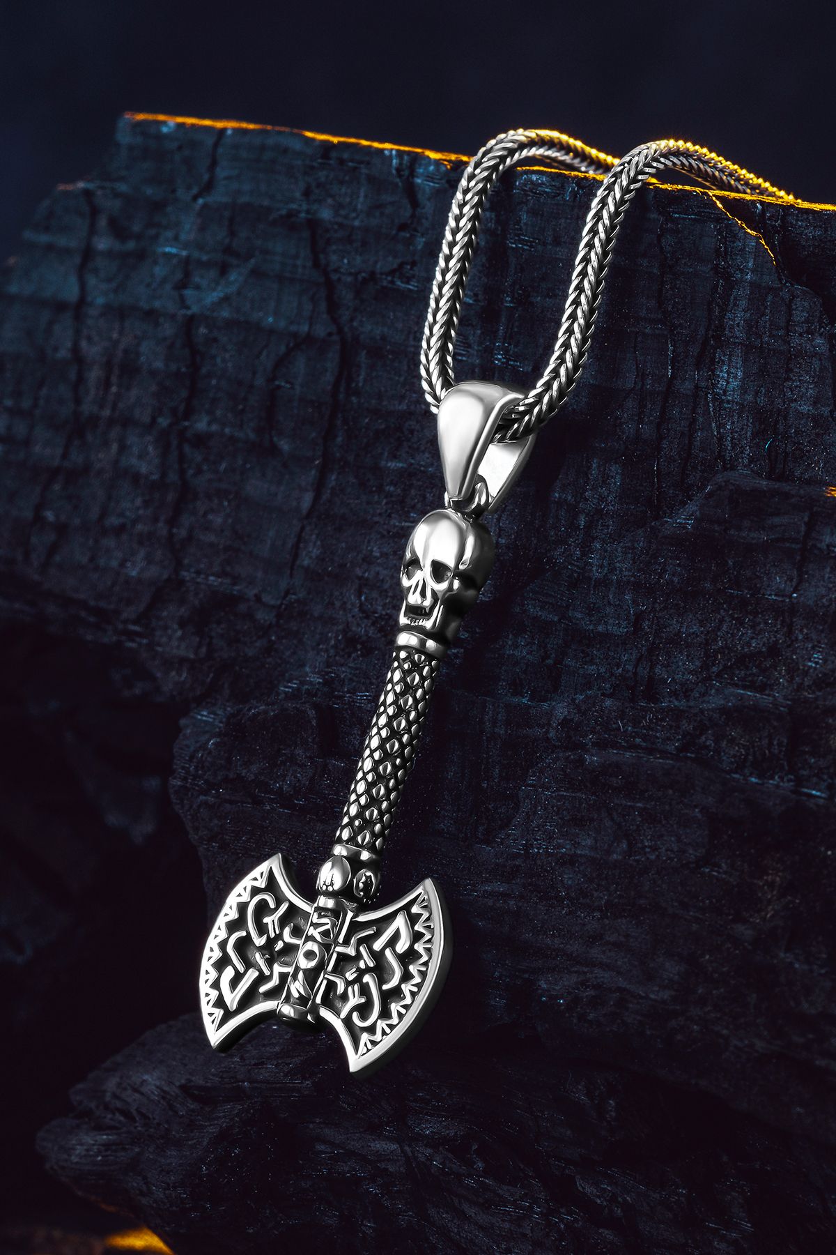 OSMANLI GÜMÜŞ Viking Çift Başlı Savaş Baltası Erkek Gümüş Kolye 925 Ayar Mat Siyah