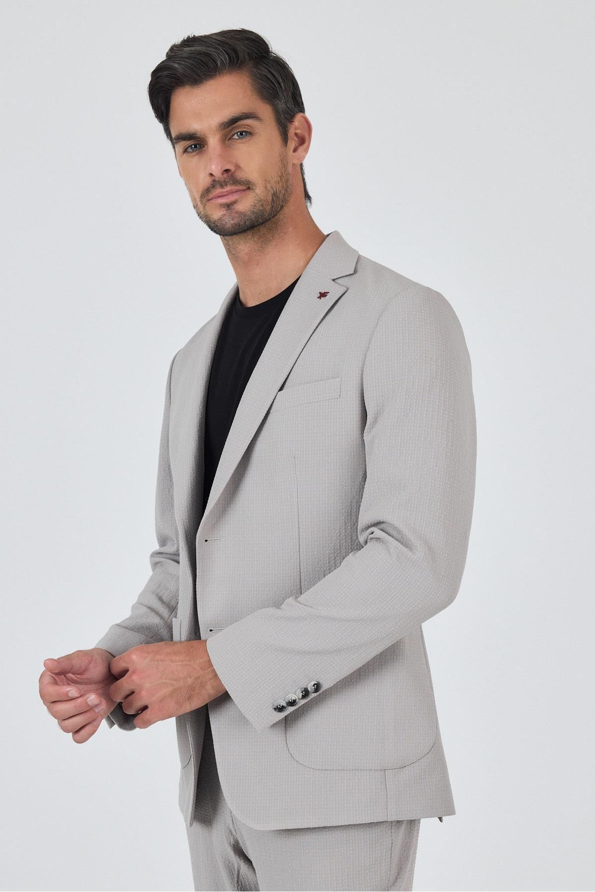 İmza Taş Rengi Mono Yaka Kendinden Desenli 2 Düğme Casual Esnek Slim Fit Takım Elbise 1001250174