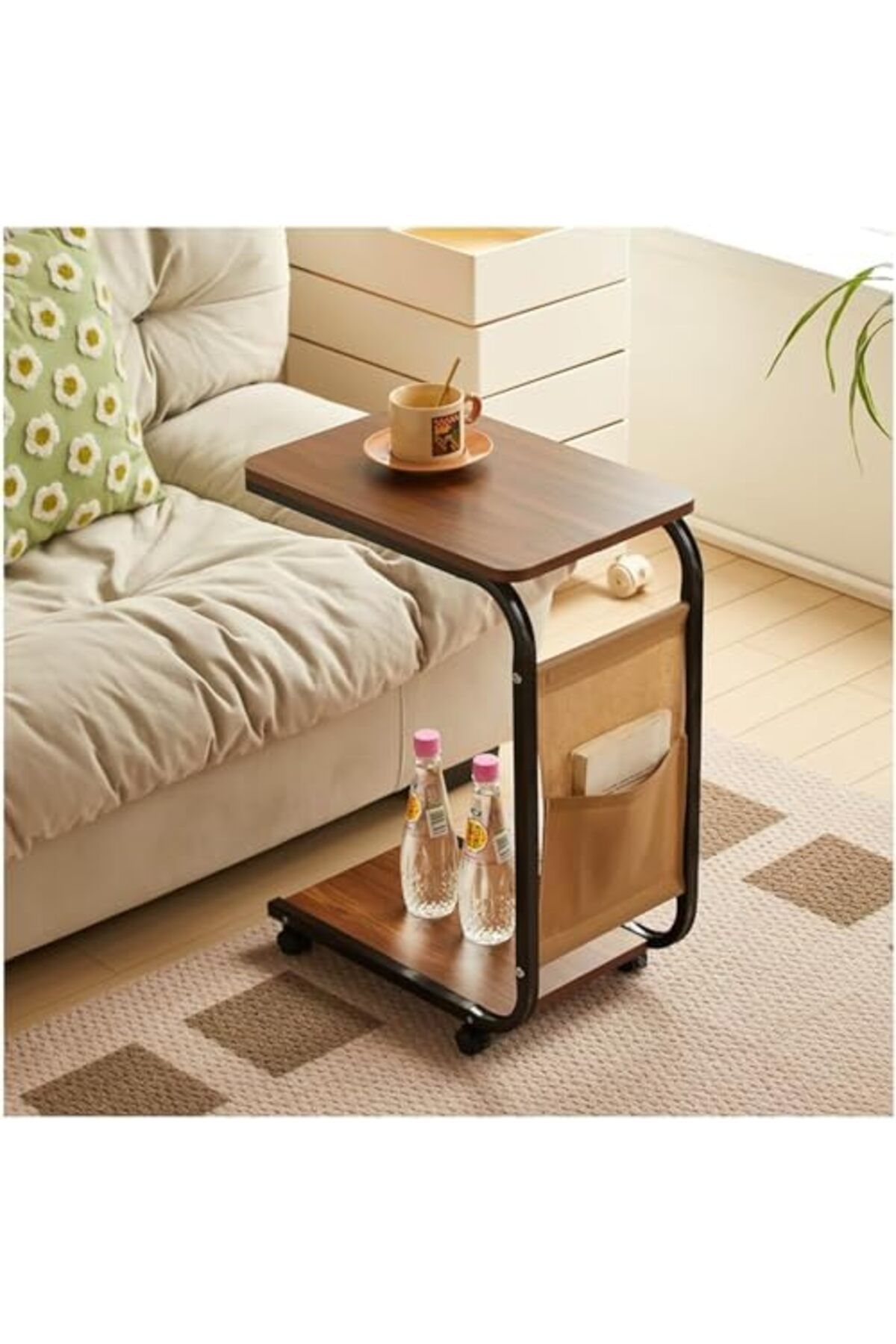 NEXIFY-COOLBABY C-Shaped End Table with Wheels, Movable Side Table with Storage Pocket, 2-Tier Narrow Sofa 4