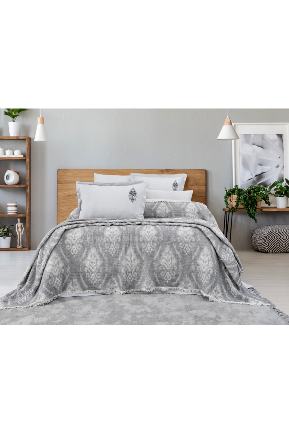 NETAVANTAJ Nijuu Home Selection Concept Rustik Gri Çift Kişilik Müslin Pike Takımı