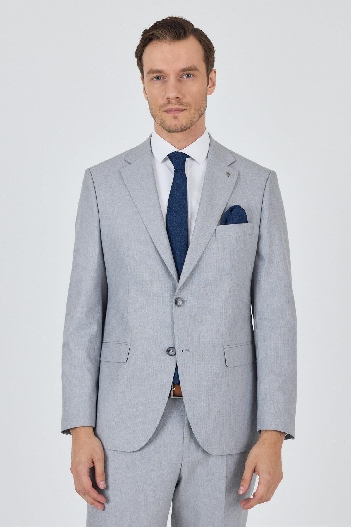 İmza Gri Mono Yaka Desenli Astarlı Çift Yırtmaç Esnek 6 Drop Comfort Fit Classic Takım Elbise 1001250161