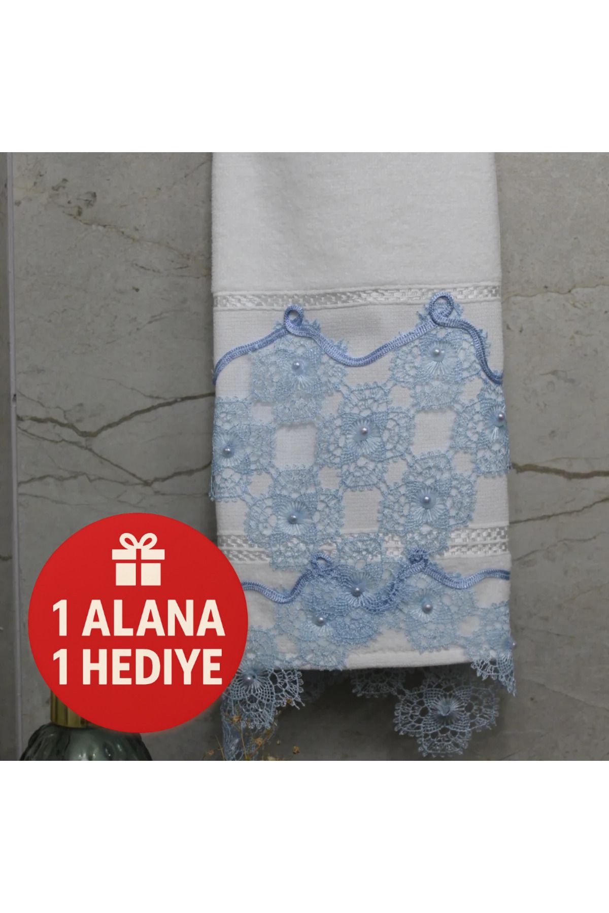 Lobya Evula Bir Alana Bir Hediye Mavi Dantelli El Havlusu (50 X 90)