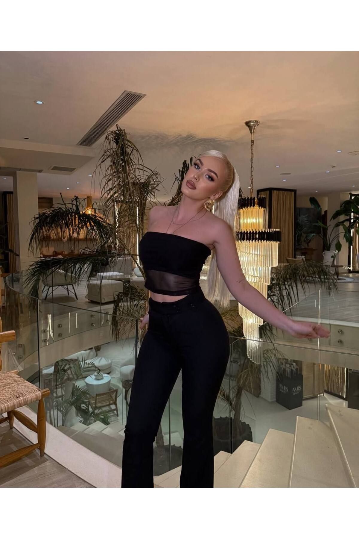 VİSKALİ Straplez Tül Crop Kumaş Pantalon Takım
