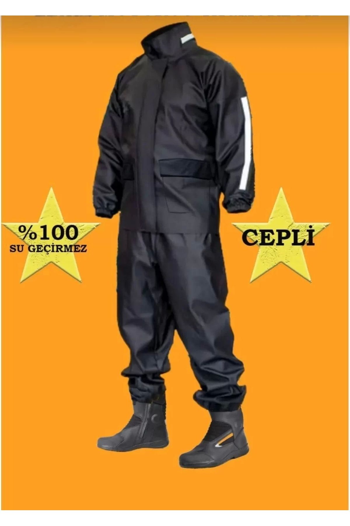 luz&pos Unisex Tam Kalıp Motorcu Cepli Kurye Su Gecirmez Yağmurluk Takım - Siyah