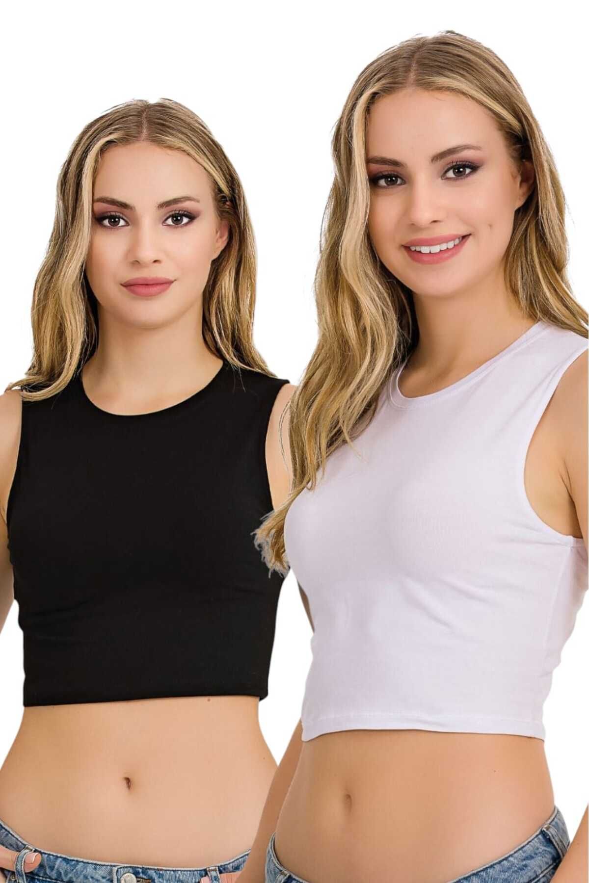 Fanilam İlke Kadın Elestan Kolsuz Crop -Pamuklu Şık Ve Rahat Yarım Atlet Body 2 adet