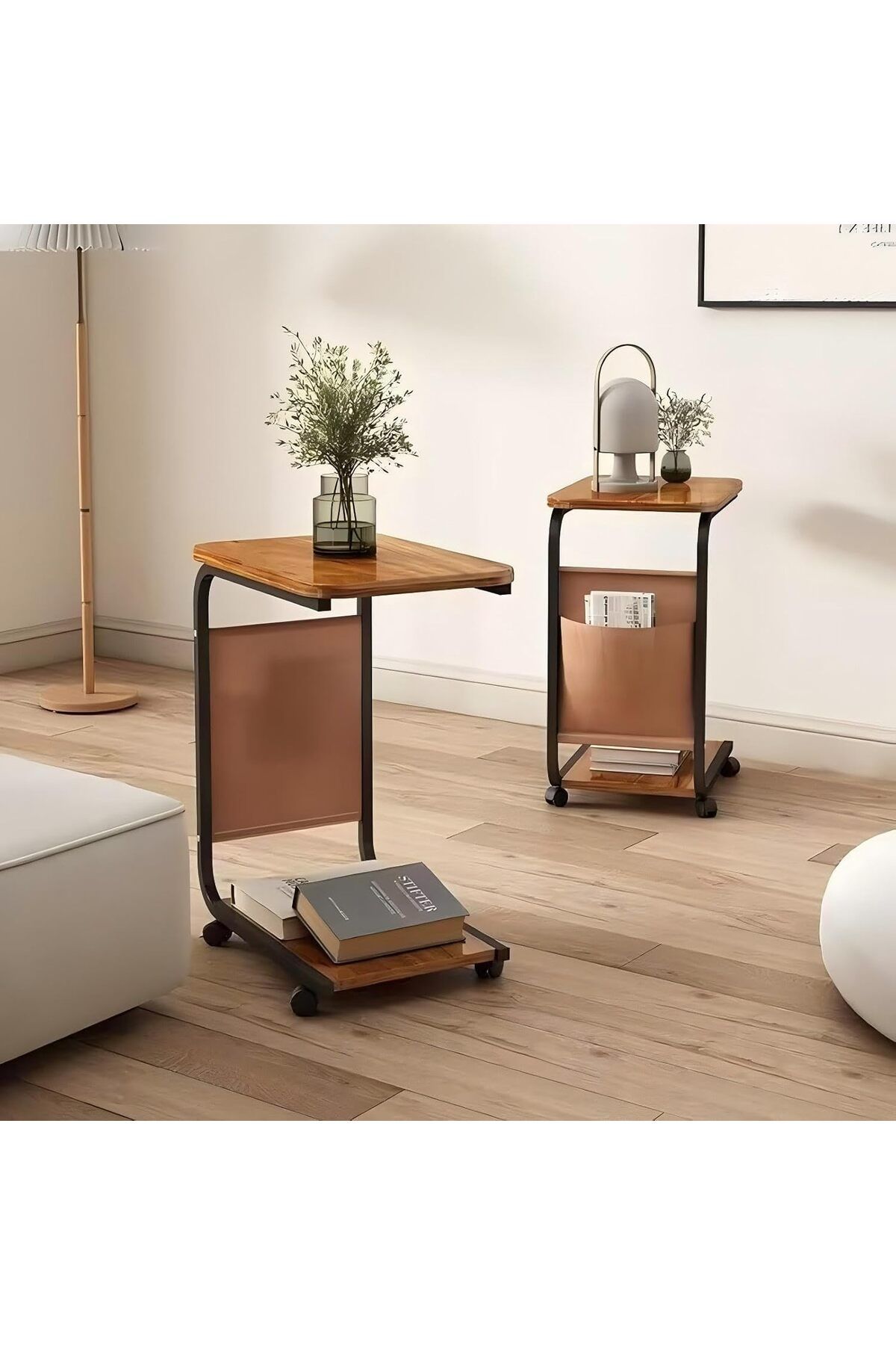 NEXIFY-COOLBABY C-Shaped End Table with Wheels, Movable Side Table with Storage Pocket, 2-Tier Narrow Sofa 9