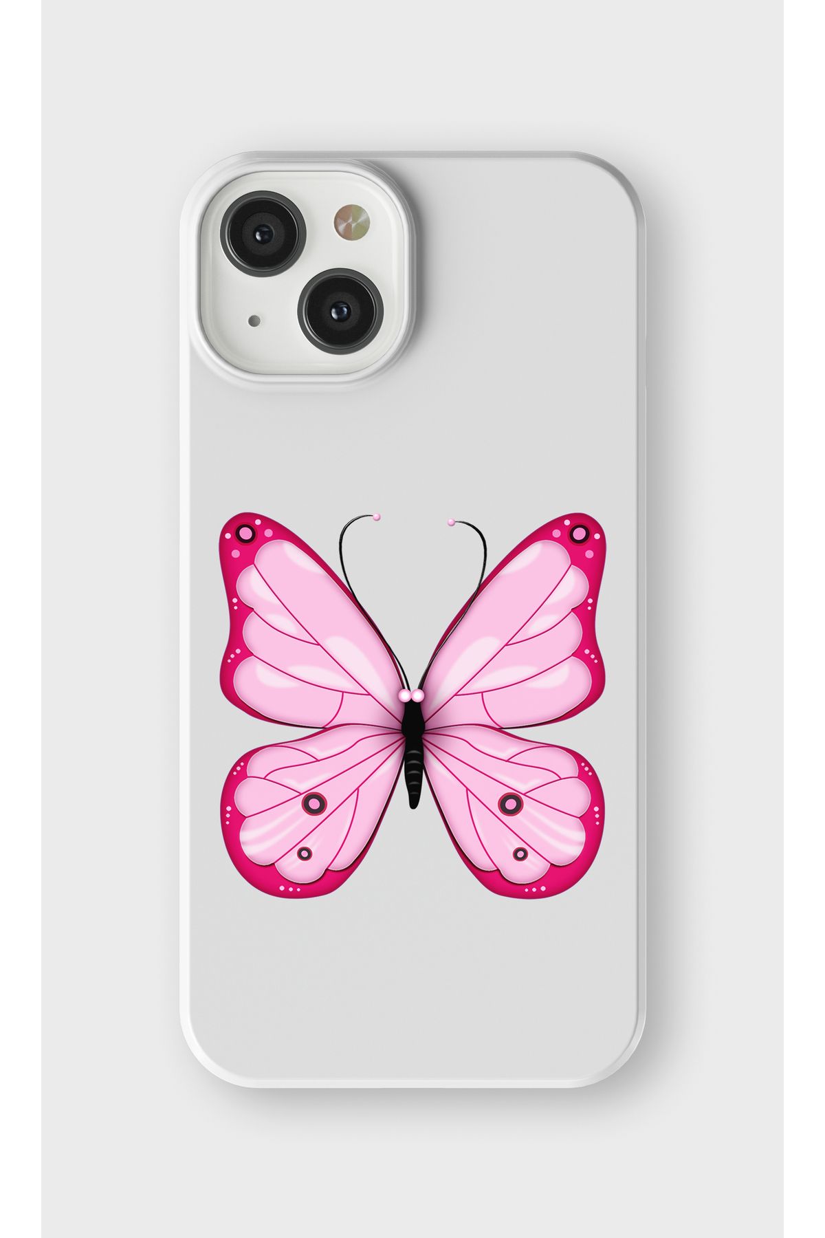 lelia iPhone 13 Mini Uyumlu Pembe Kelebek Tasarımlı İçi Kadife Lansman Beyaz Silikon Kılıf