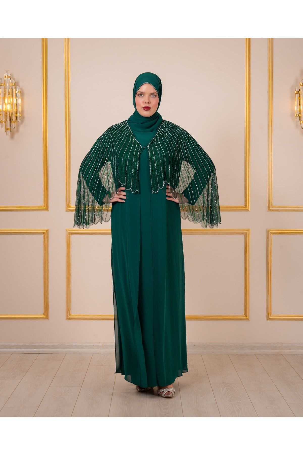 Balerina Likralı İç Elbise Üzerine Taş İşlemeli Büyük Beden Şifon Abiye Kaftan