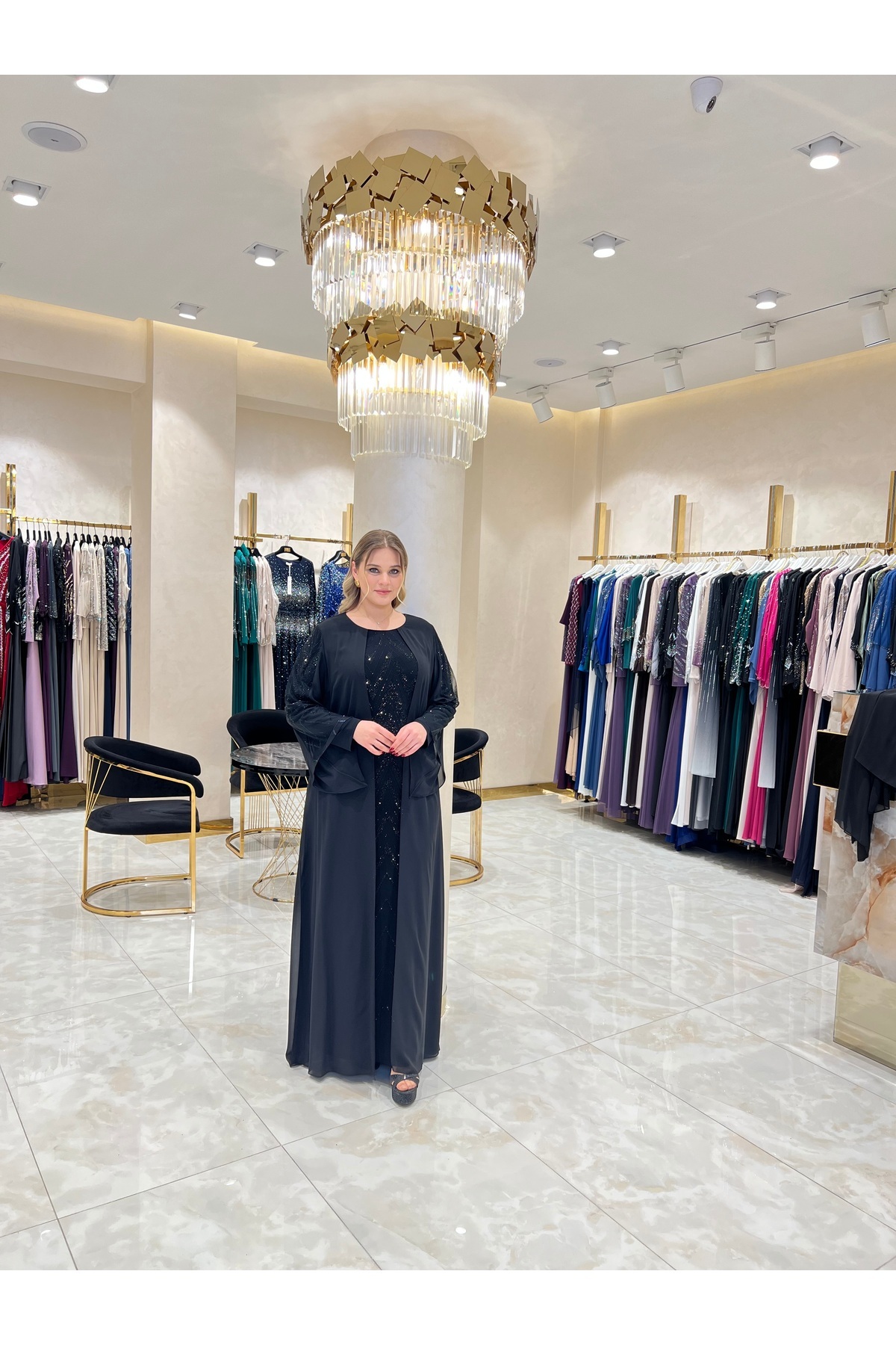 Balerina Likralı İç Elbise Üzerine Taş İşlemeli Büyük Beden Abiye Kaftan