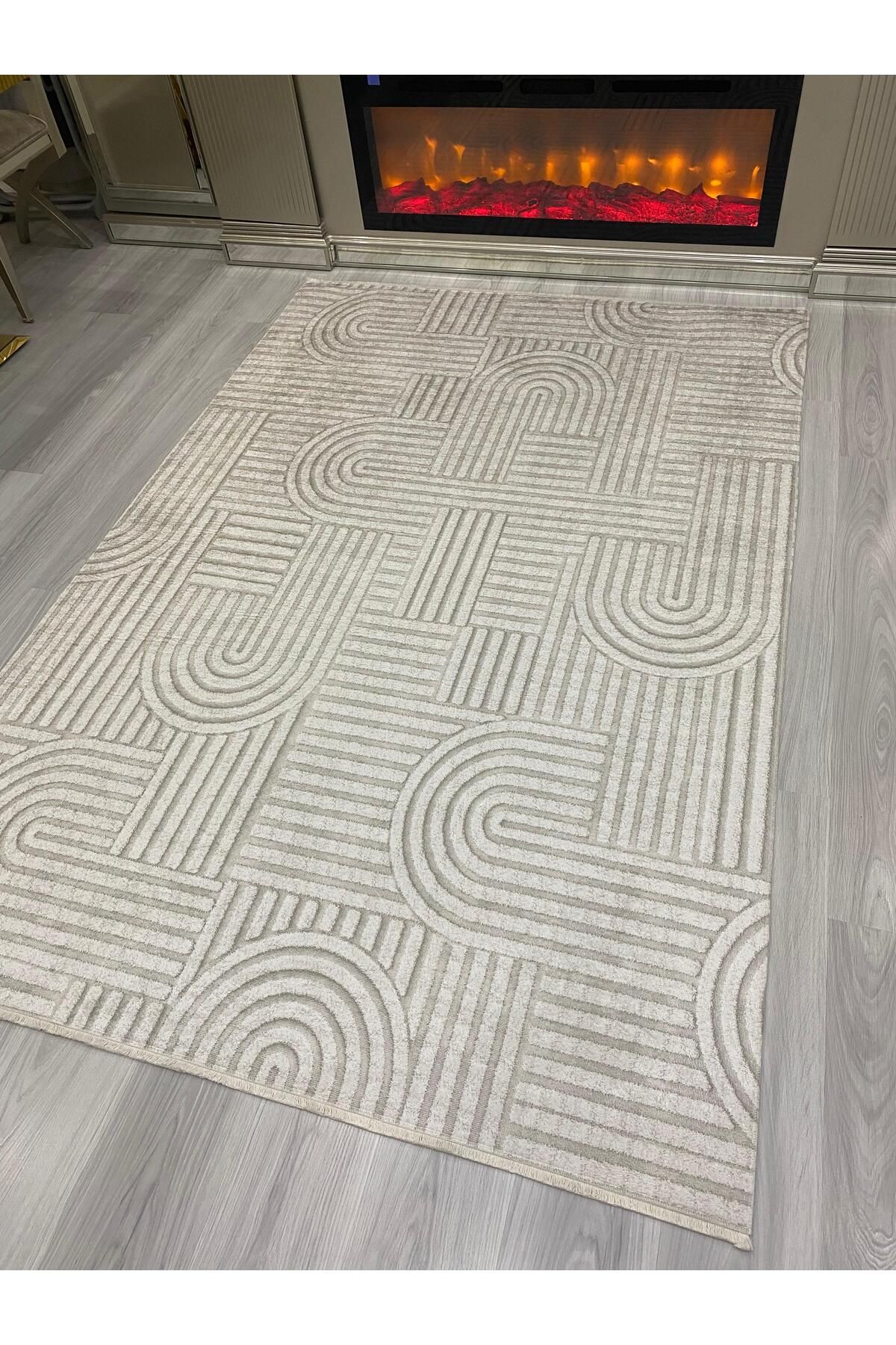 ALLGELSİN Yeni Sezon Yıkanabilir Kaymaz Taban Salon ve Oturma odası Halısı Yazlık Krem Renk Halı İnce Halı