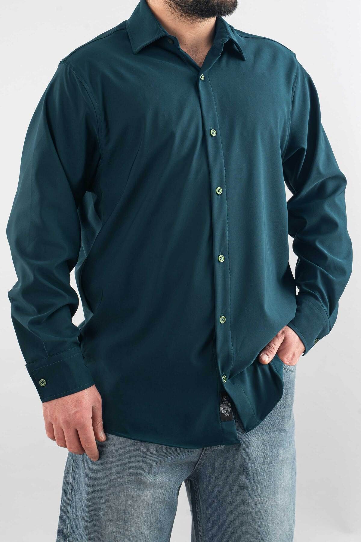 bombe Erkek Gömlek Slim Fit Kolay Ütü Teri Emen Nefes Alan Doku Dört Mevsim Oversize Klasik Gömlek