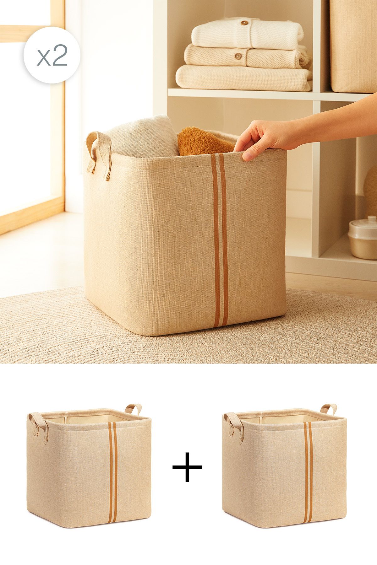 Ocean Home Textile 2'li Çocuk Odası Jüt Keten Oyuncak Düzenleyici Çok Amaçlı Sepet, Saklama Sepeti 30x30x30