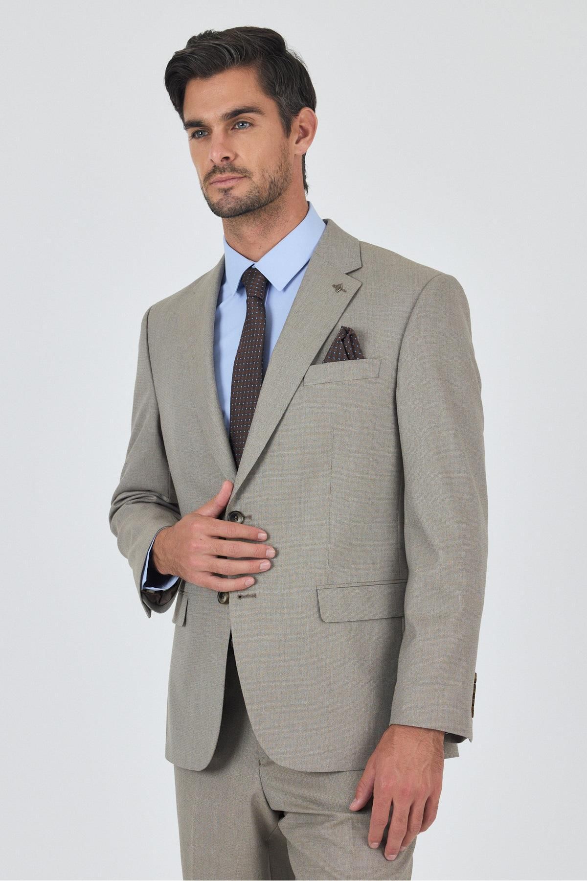 İmza Koyu Bej Mono Yaka Astarlı Çift Yırtmaç Esnek 4 Drop Comfort Fit Classic Takım Elbise 1001250160