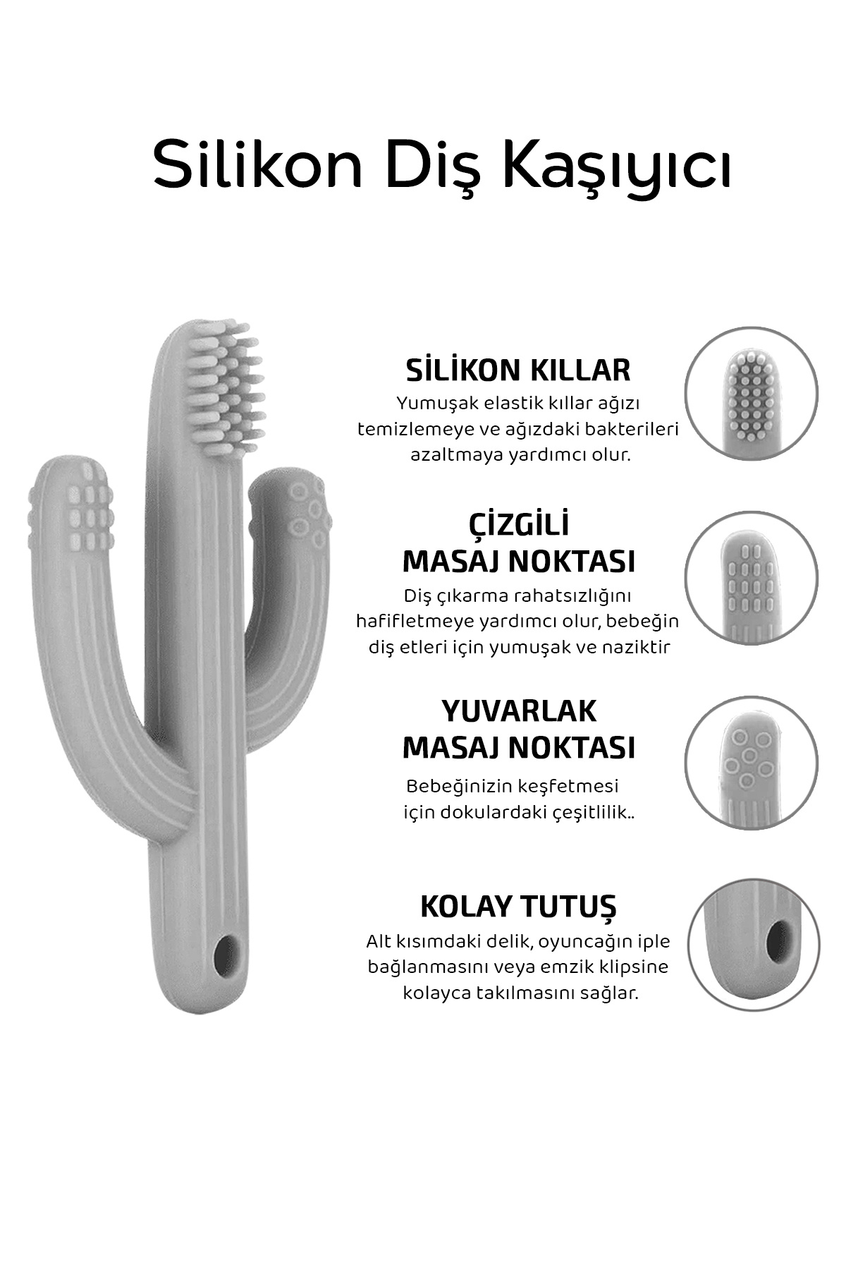 Meleni Baby 3'lü Silikon Diş Kaşıyıcı Set - Kaktüs Zürafa Figürlü Diş Kaşıyıcı Bebek Diş Kaşıma Emziği Gri fotoğrafı 3 (önizleme)