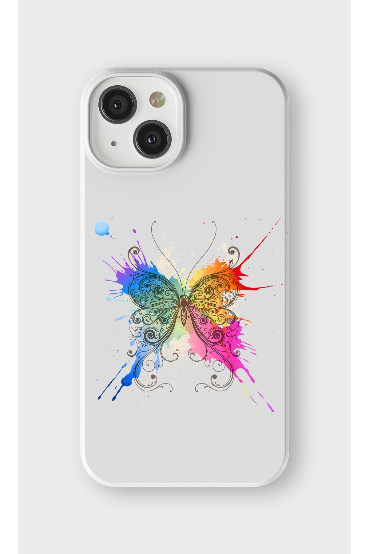 lelia iPhone 13 Mini Uyumlu Renkli Kelebek Tasarımlı İçi Kadife Lansman Beyaz Silikon Kılıf