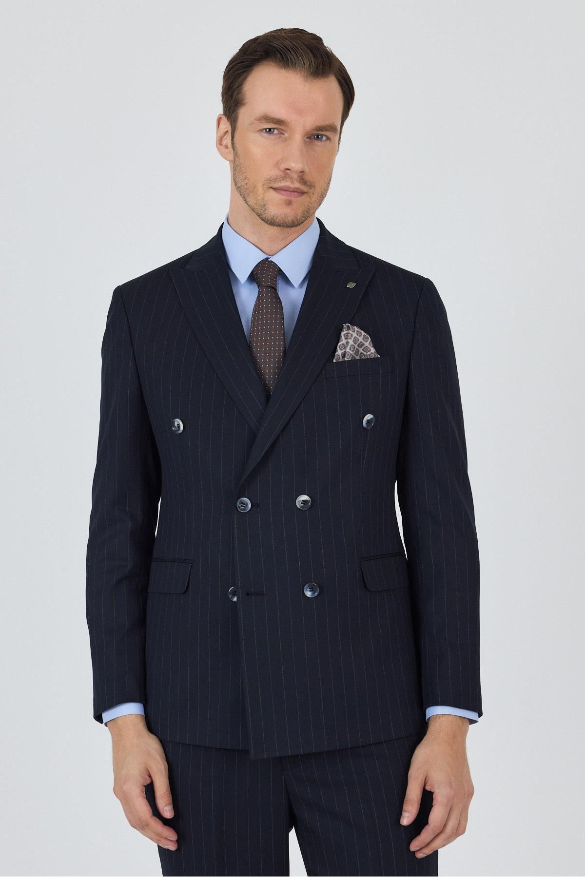İmza Koyu Lacivert Kılıç Yaka Çizgili Desen Kruvaze Classic Esnek Slim Fit Takım Elbise 1001250173