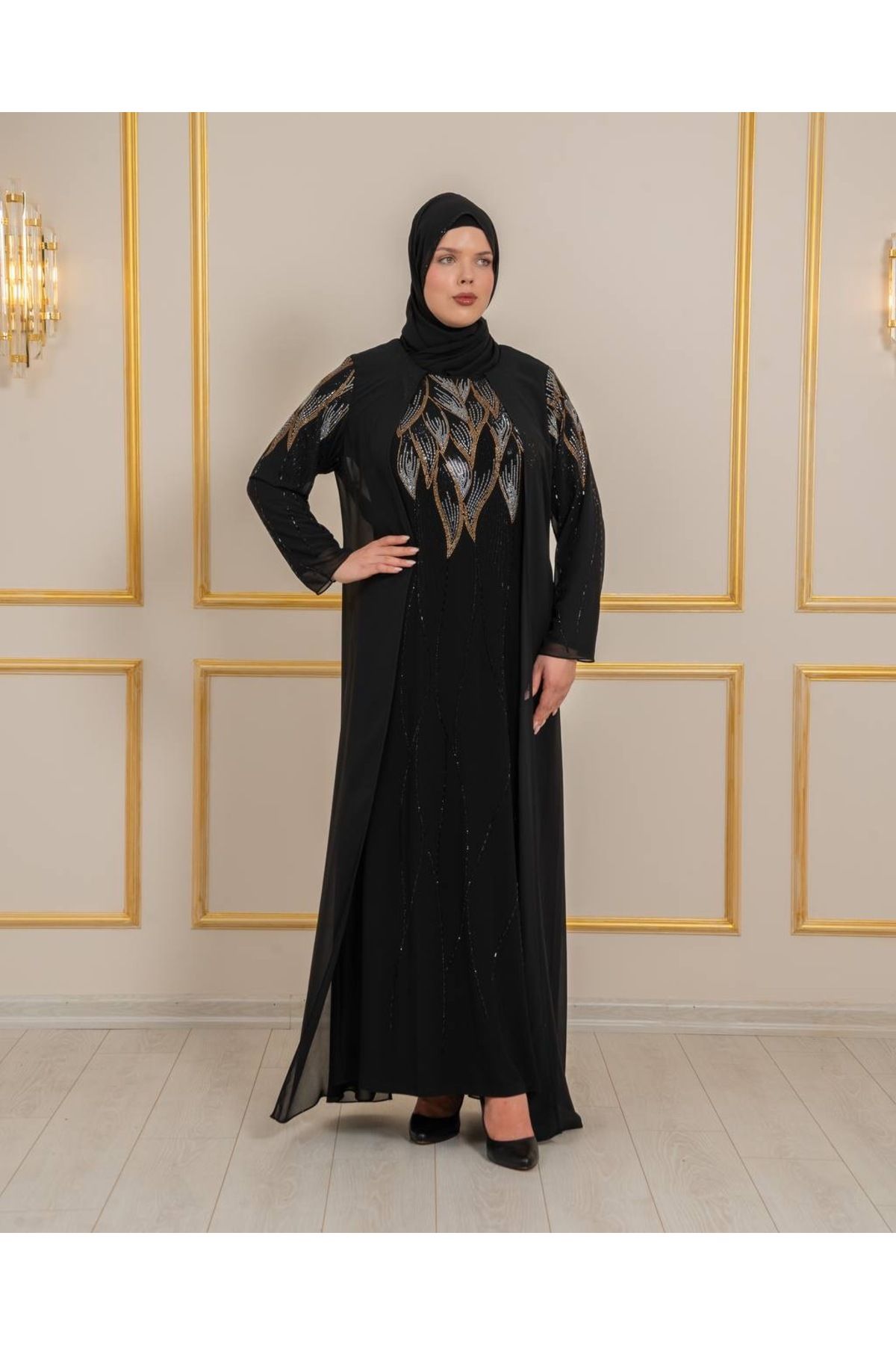 Balerina Likralı İç Elbise Üzerine Taş İşlemeli Büyük Beden Şifon Abiye Kaftan