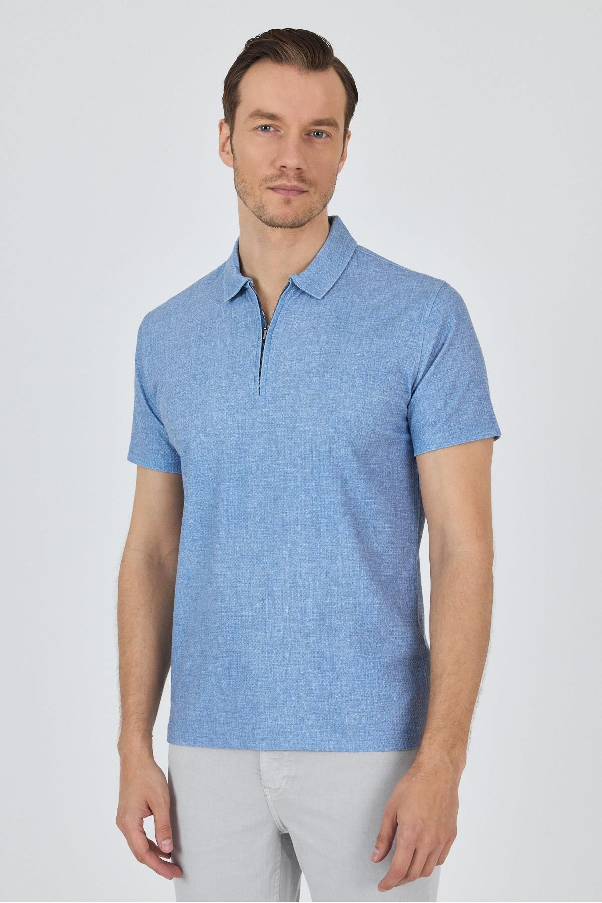 İmza Mavi Polo Yaka Kısa Kol Cepsiz Slim Fit Classic Tişört 1011250176