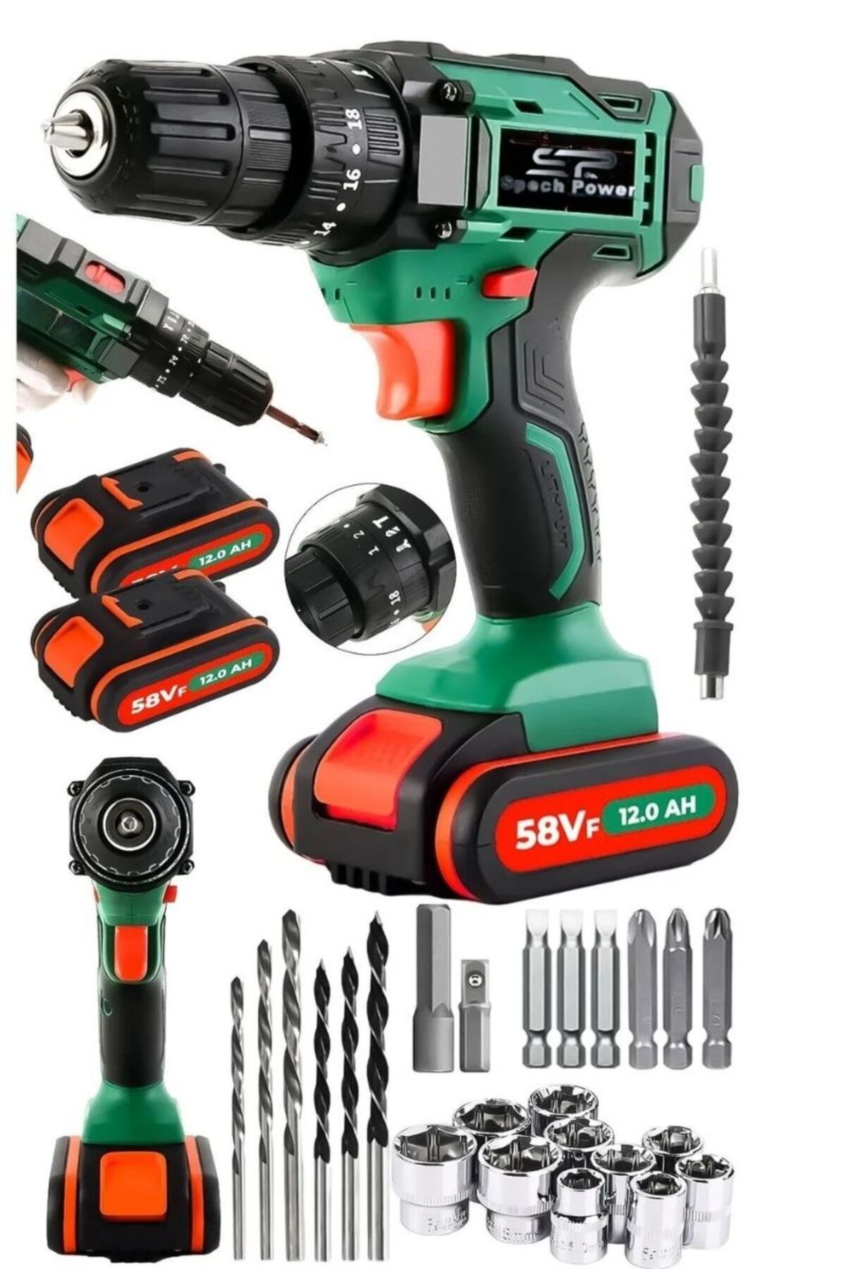 Spech Power USA Darbeli 58 Vf 12 Ah Bakır Sargılı Motor Çelik Şanzıman Şarjlı Matkap Vidalama Çift Akü
